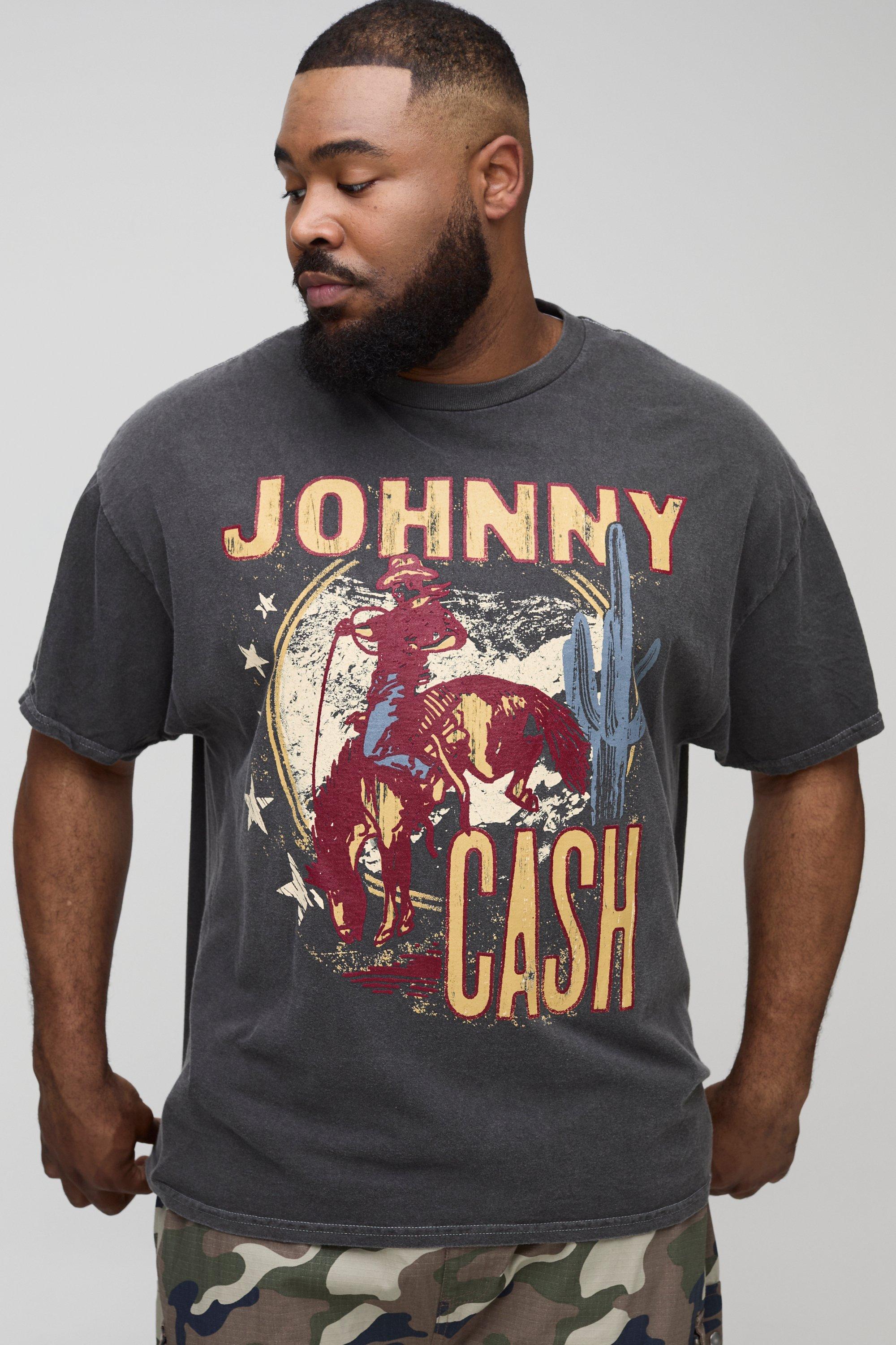 Mens Grey Plus Johnny Cash License Print Washed T-Shirt, Grey