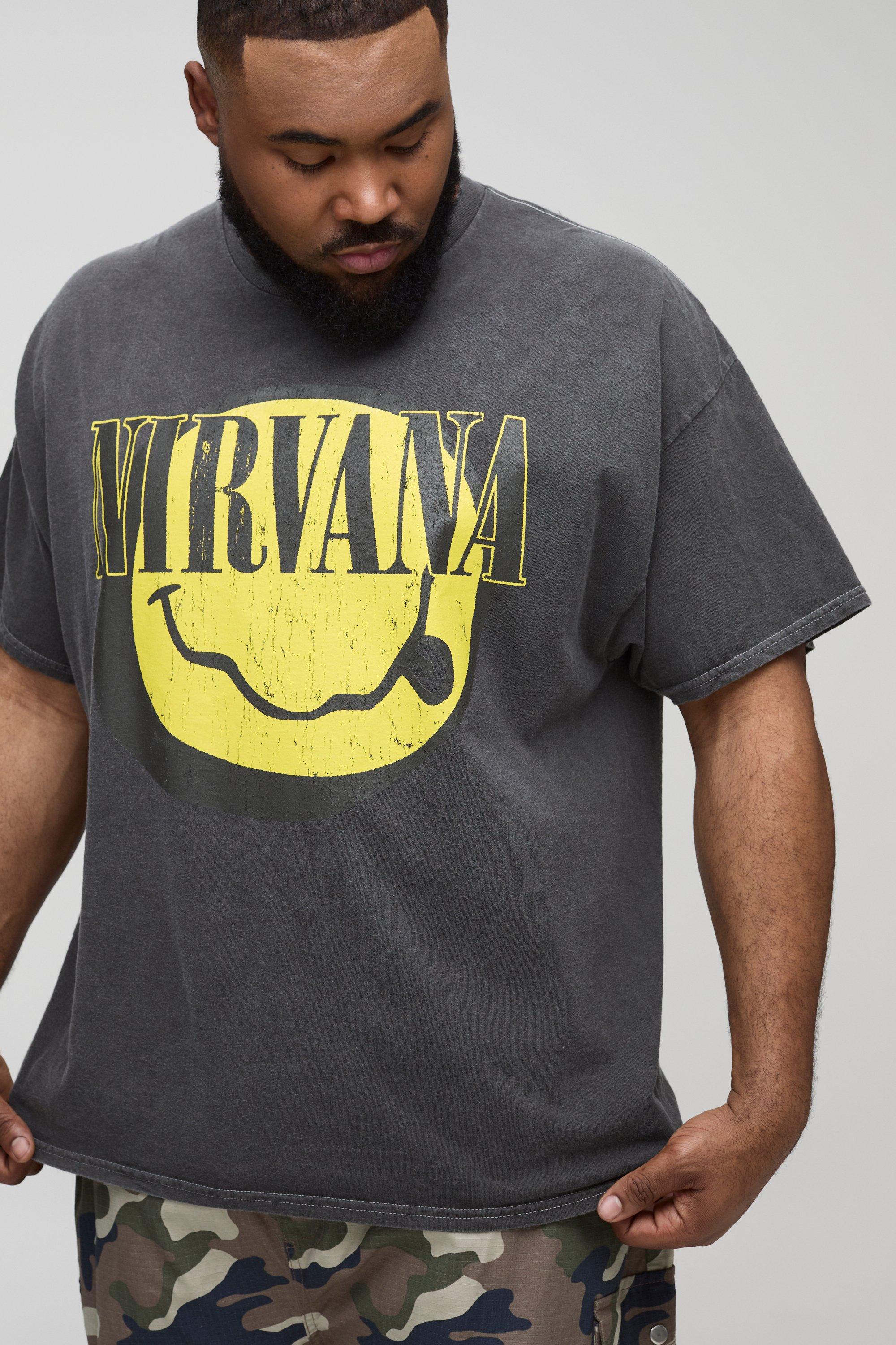 Mens Grey Plus Nirvana License Washed Print T-Shirt, Grey