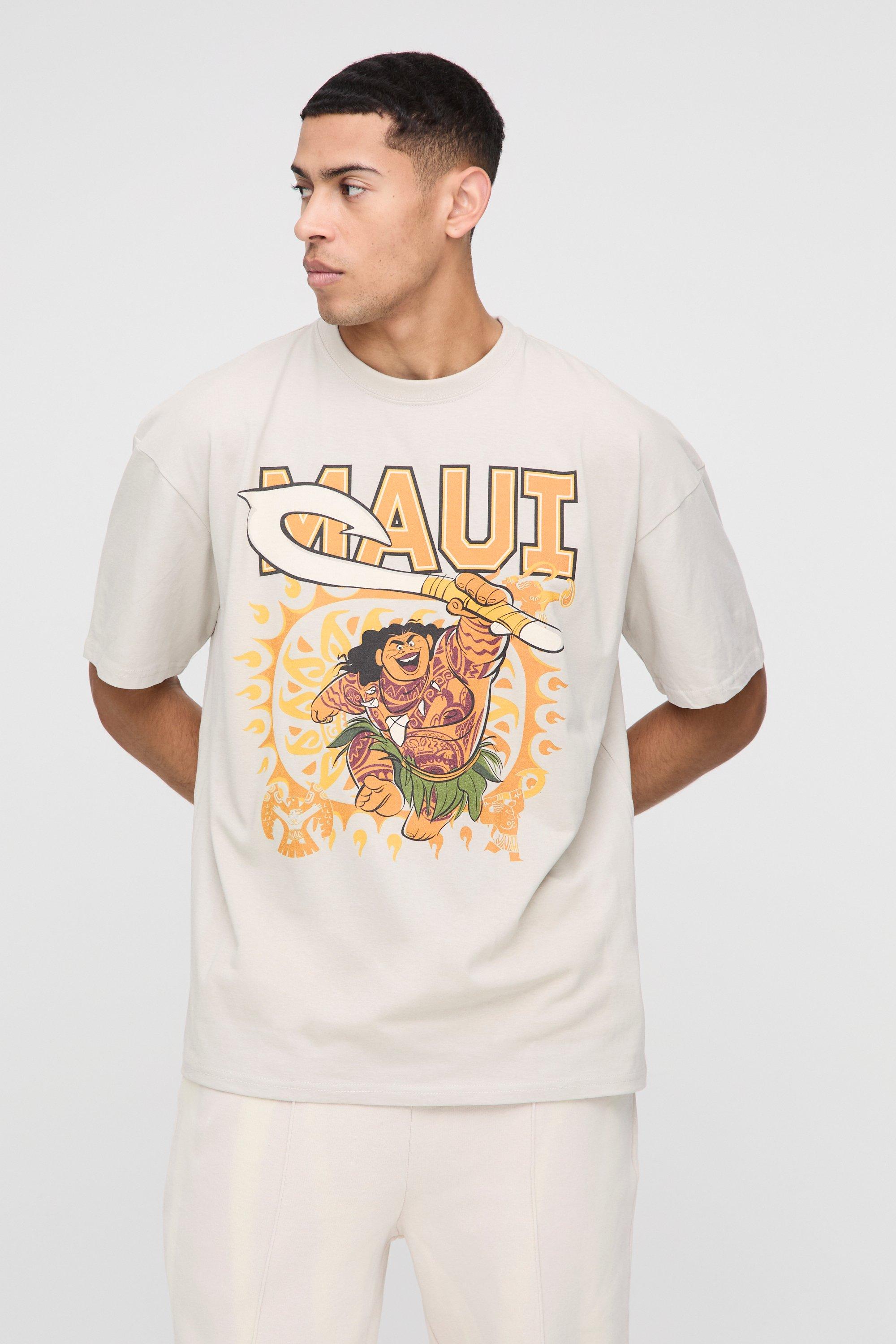 Mens Beige Oversized Moana Maui Disney License Printed T-Shirt, Beige