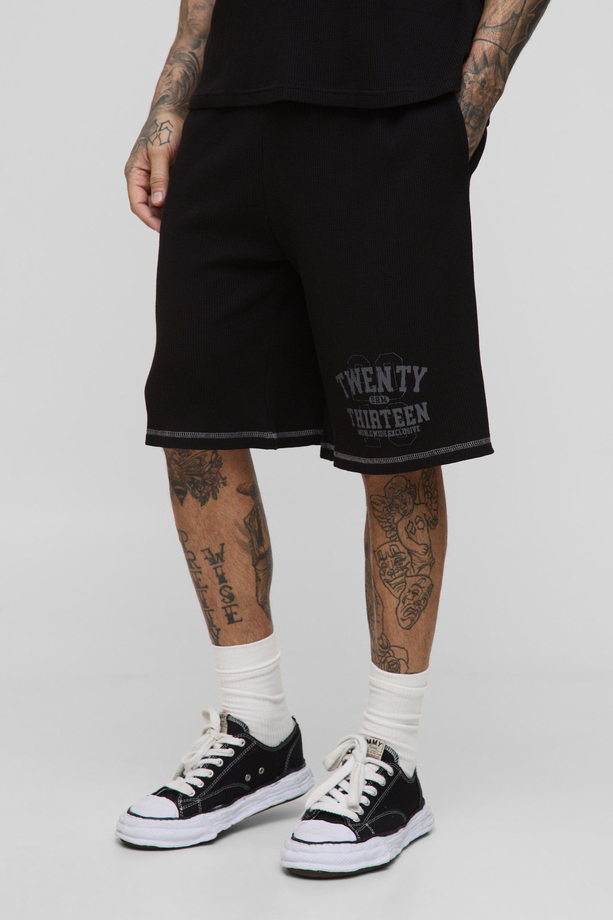 Mens Black Tall Oversized Waffle Graphic Shorts, Black