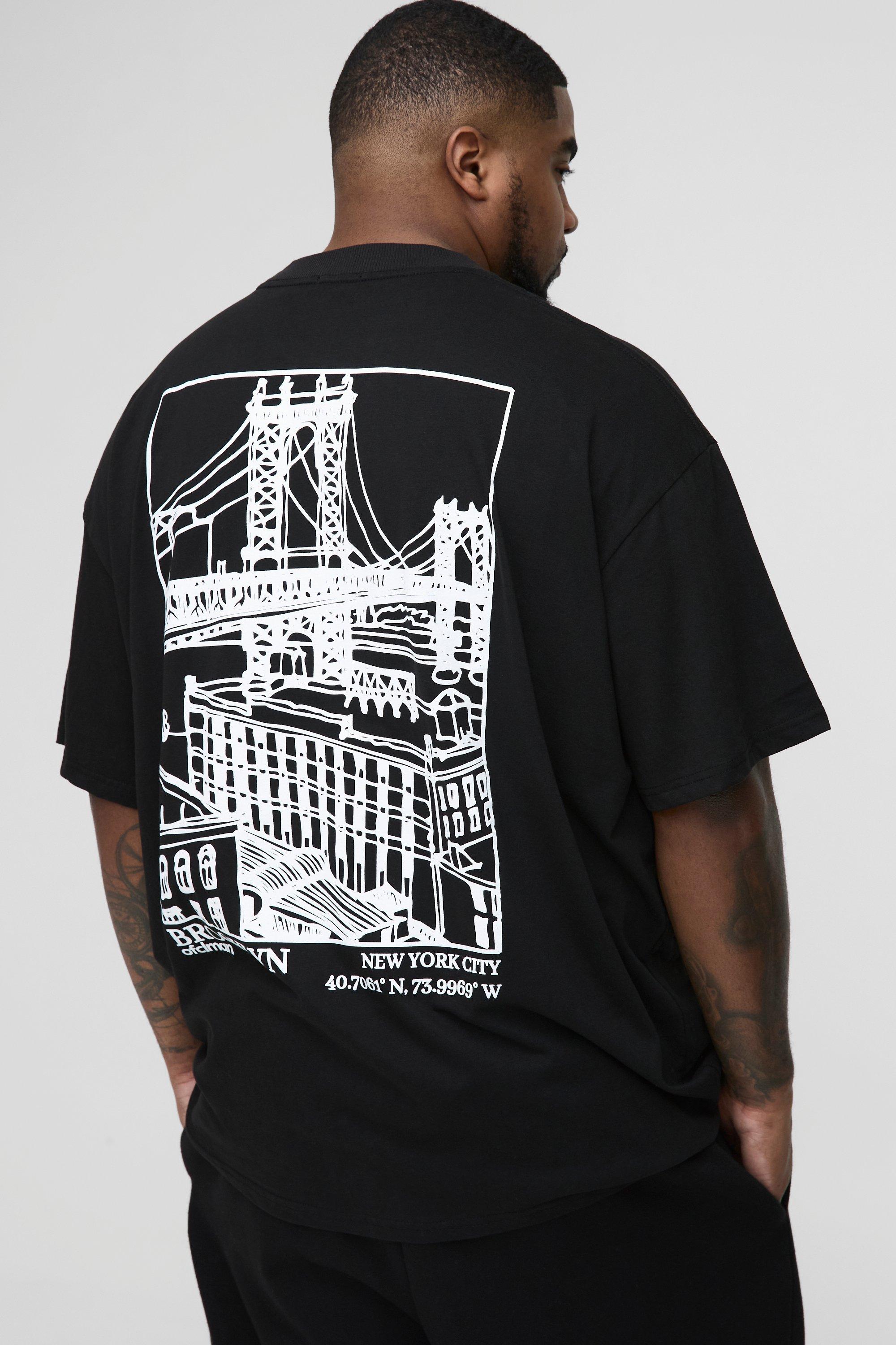 Mens Black Plus Oversized Extended Neck Brooklyn Landscape Graphic T-shirt, Black