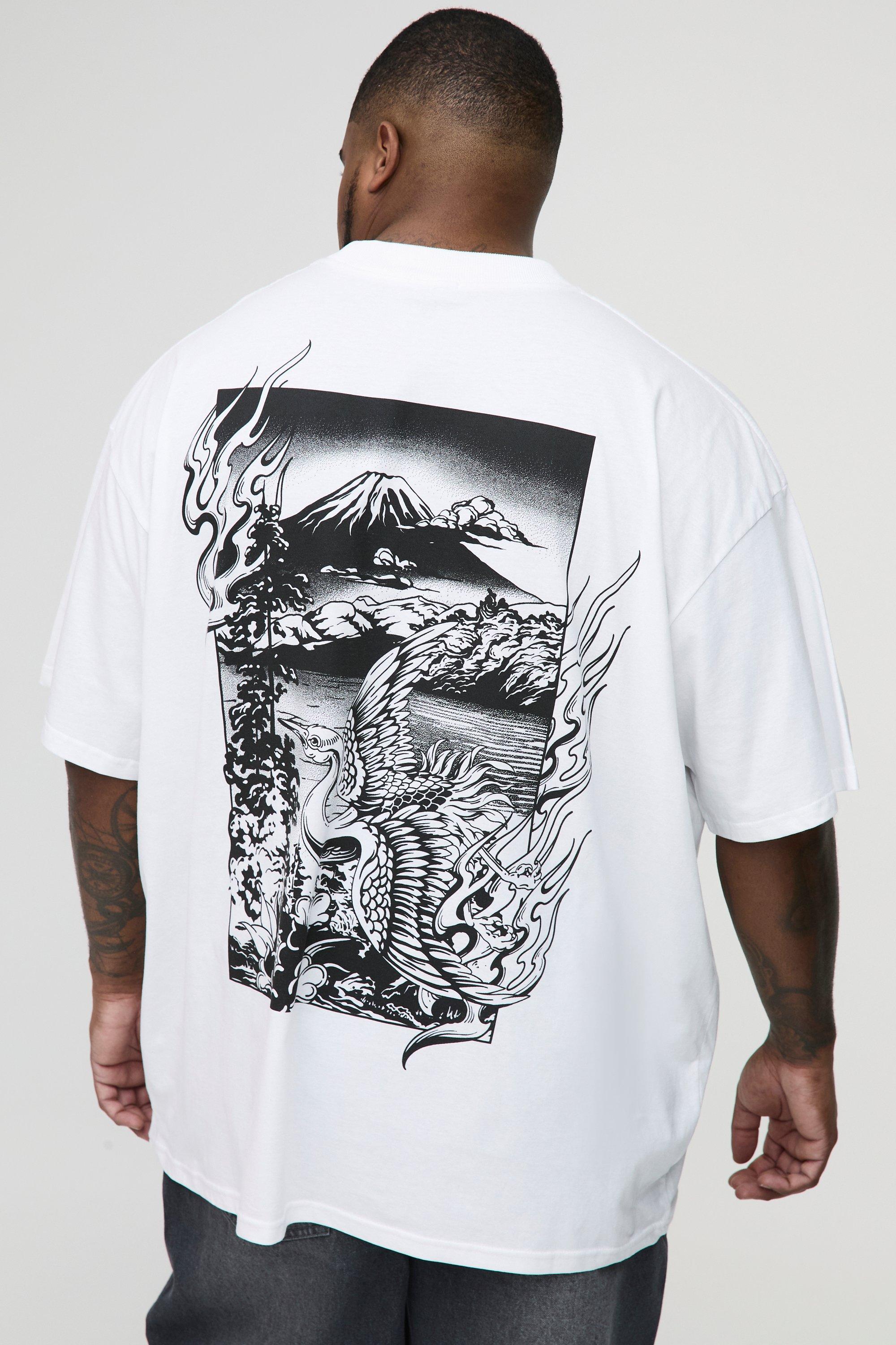 Image of T-shirt Plus Size oversize con grafica di paesaggio di vulcano e girocollo esteso, Bianco