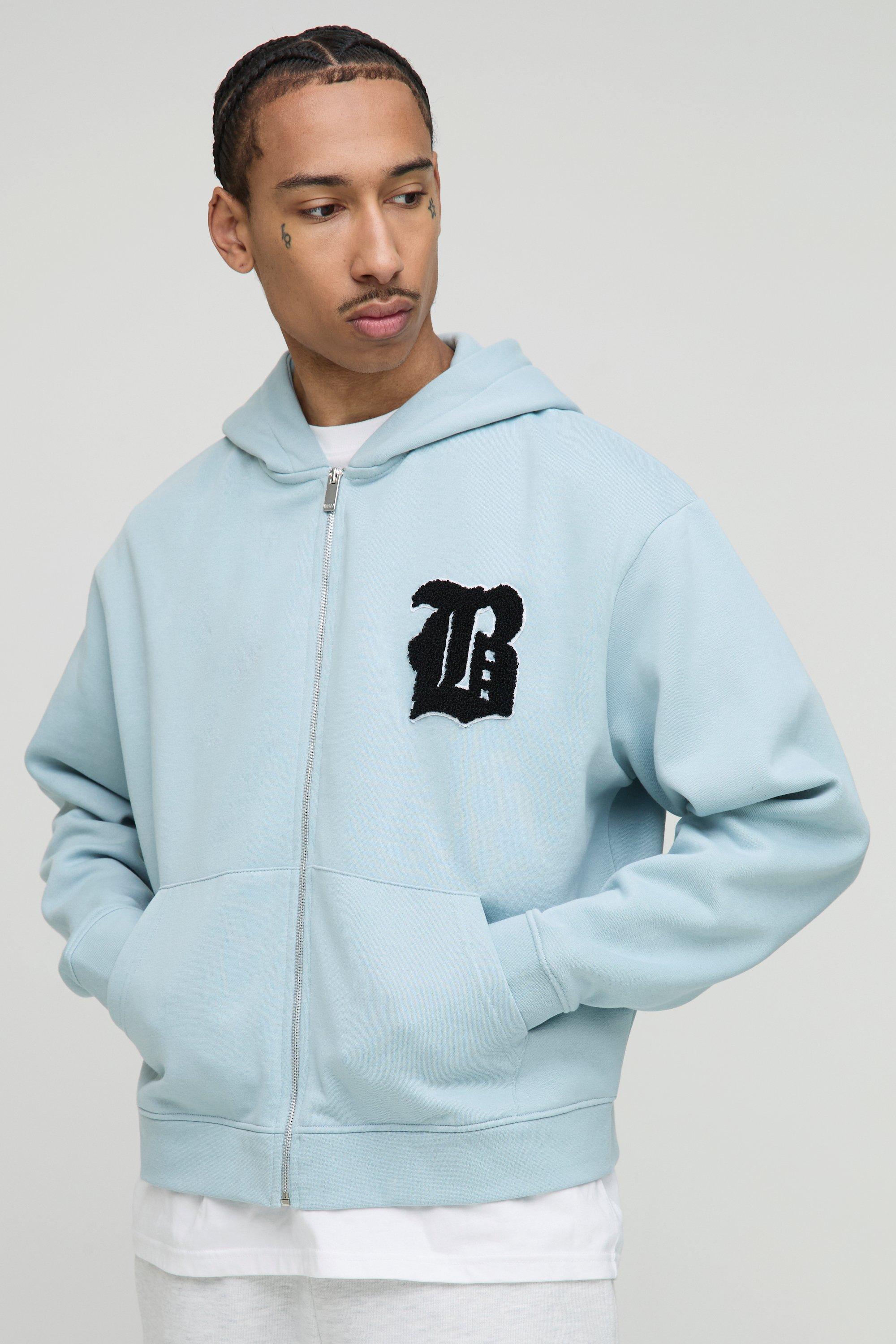 Mens Blue Boxy Fit B Applique Zip Through Hoodie, Blue