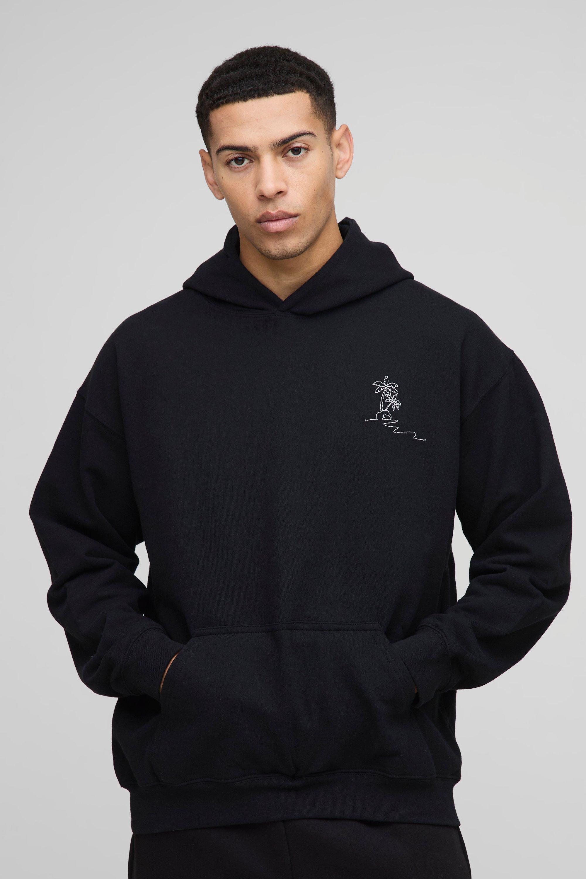 Mens Black Oversized Boxy Palm Tree Embroidered Hoodie, Black