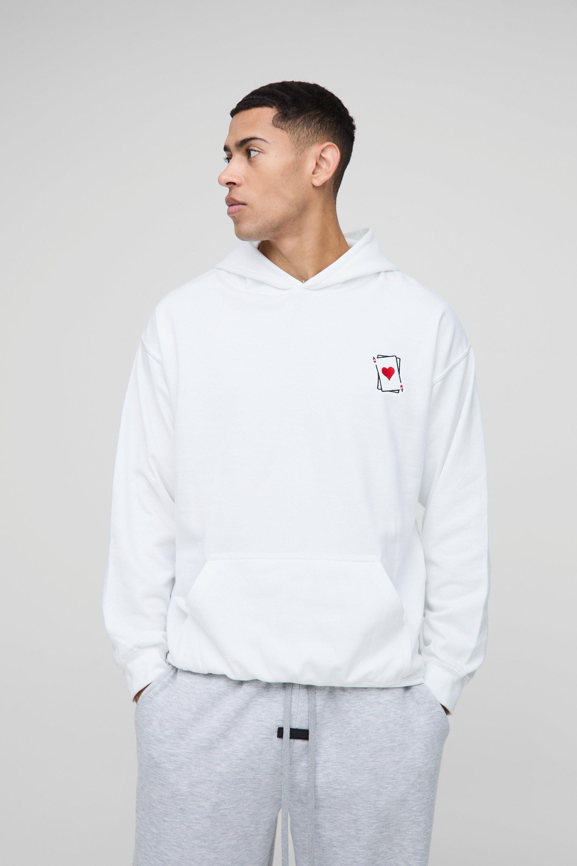 Mens White Oversized Boxy Heart Playing Cards Embroidered Hoodie, White