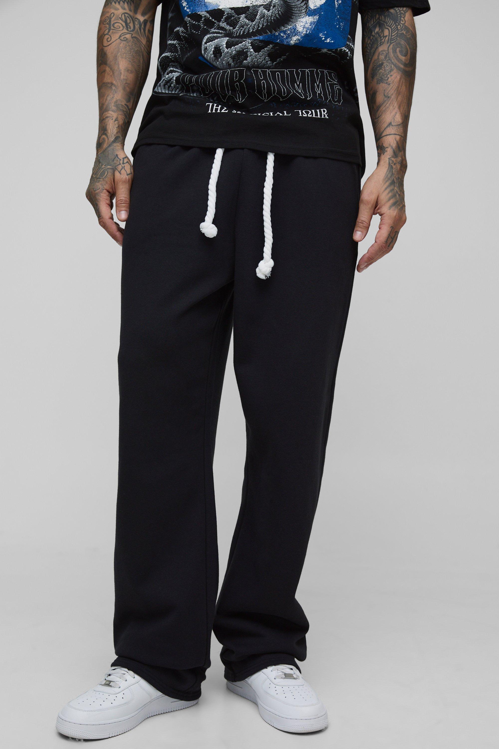 Mens Black Tall Oversized Double Waistband Rope Drawcord Joggers, Black