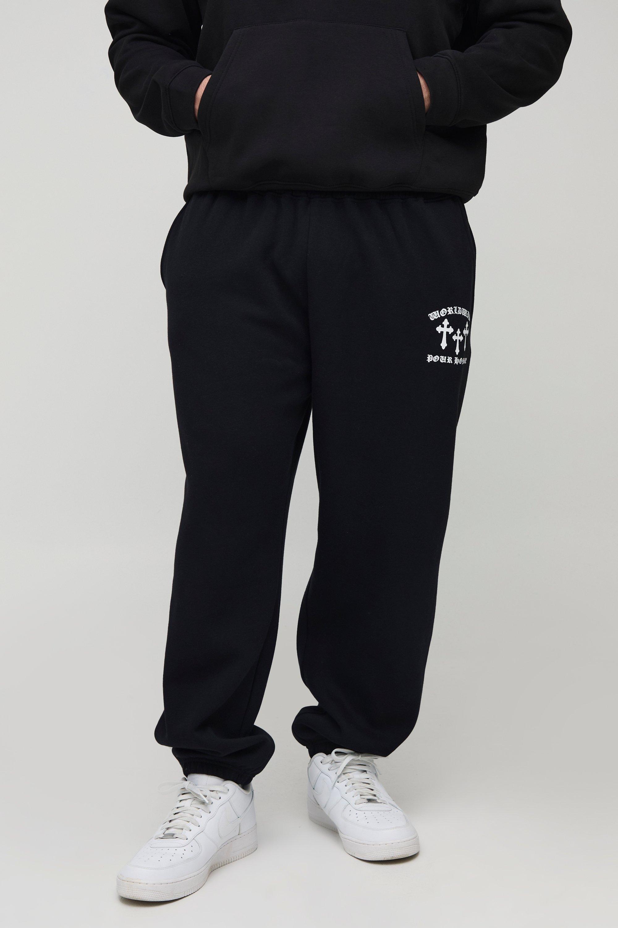 Mens Black Plus Cross Print Oversized Joggers, Black