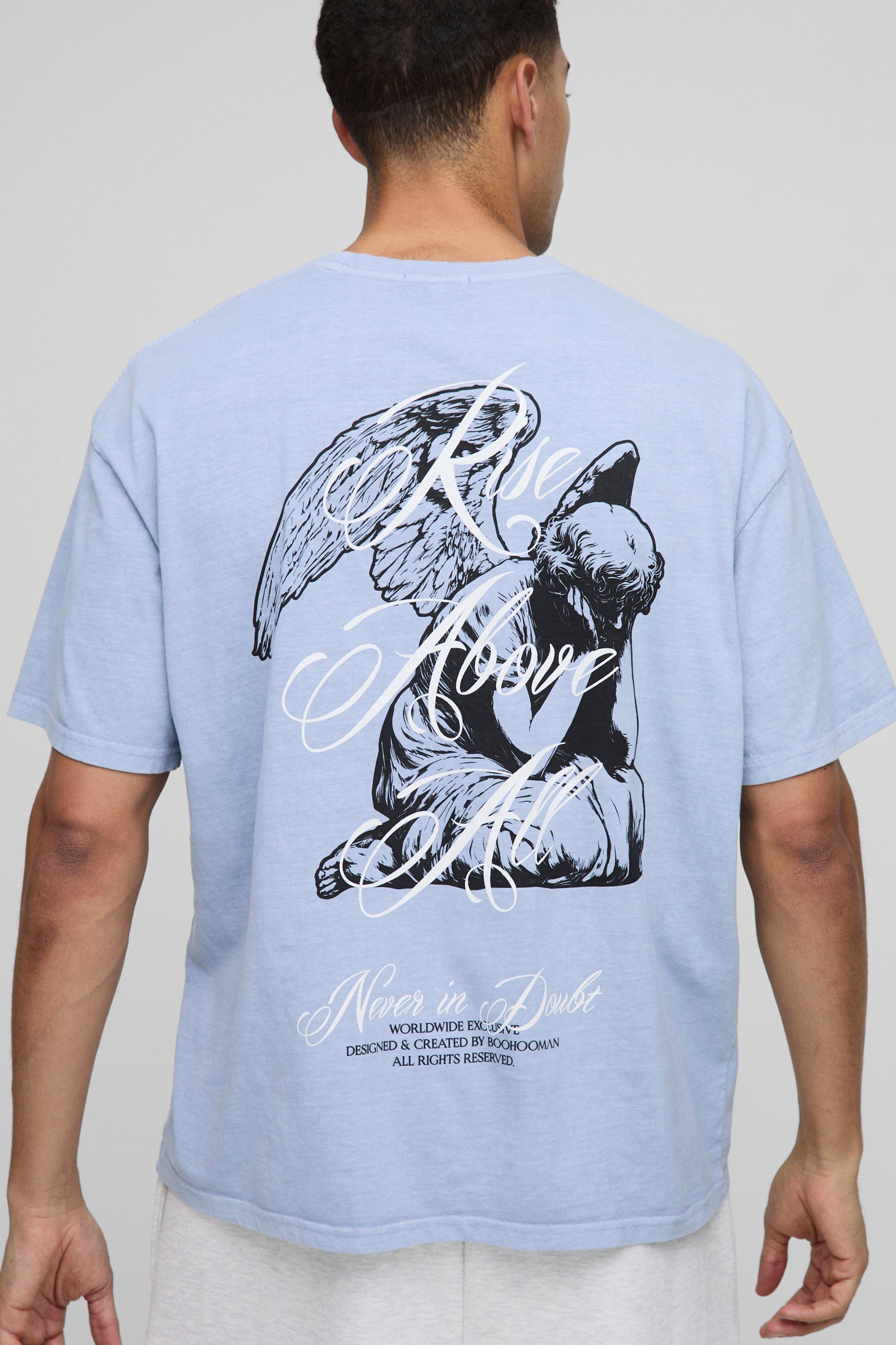 Mens Blue Oversized Renaissance Graphic Washed T-Shirt, Blue