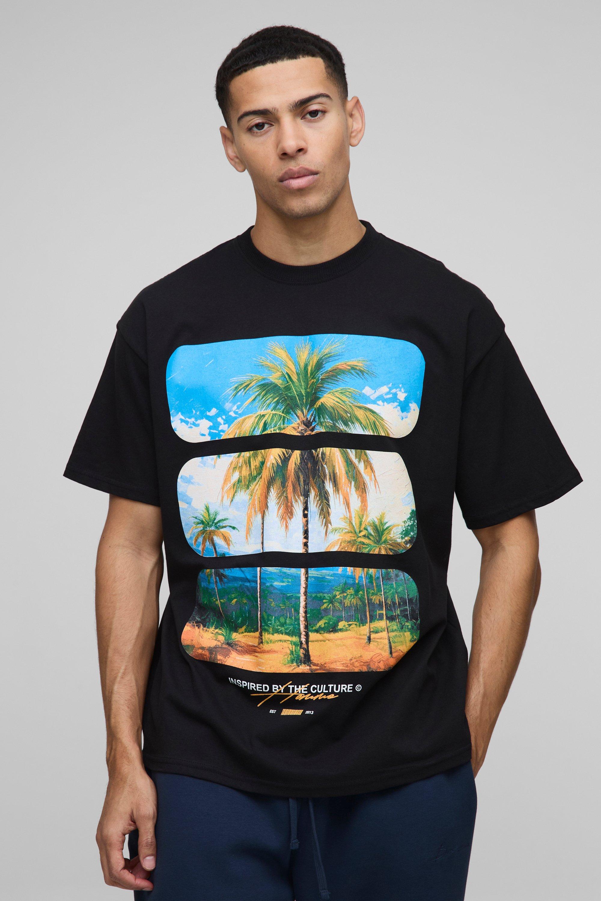 Mens Black Oversized Palm Tree Graphic T-Shirt, Black