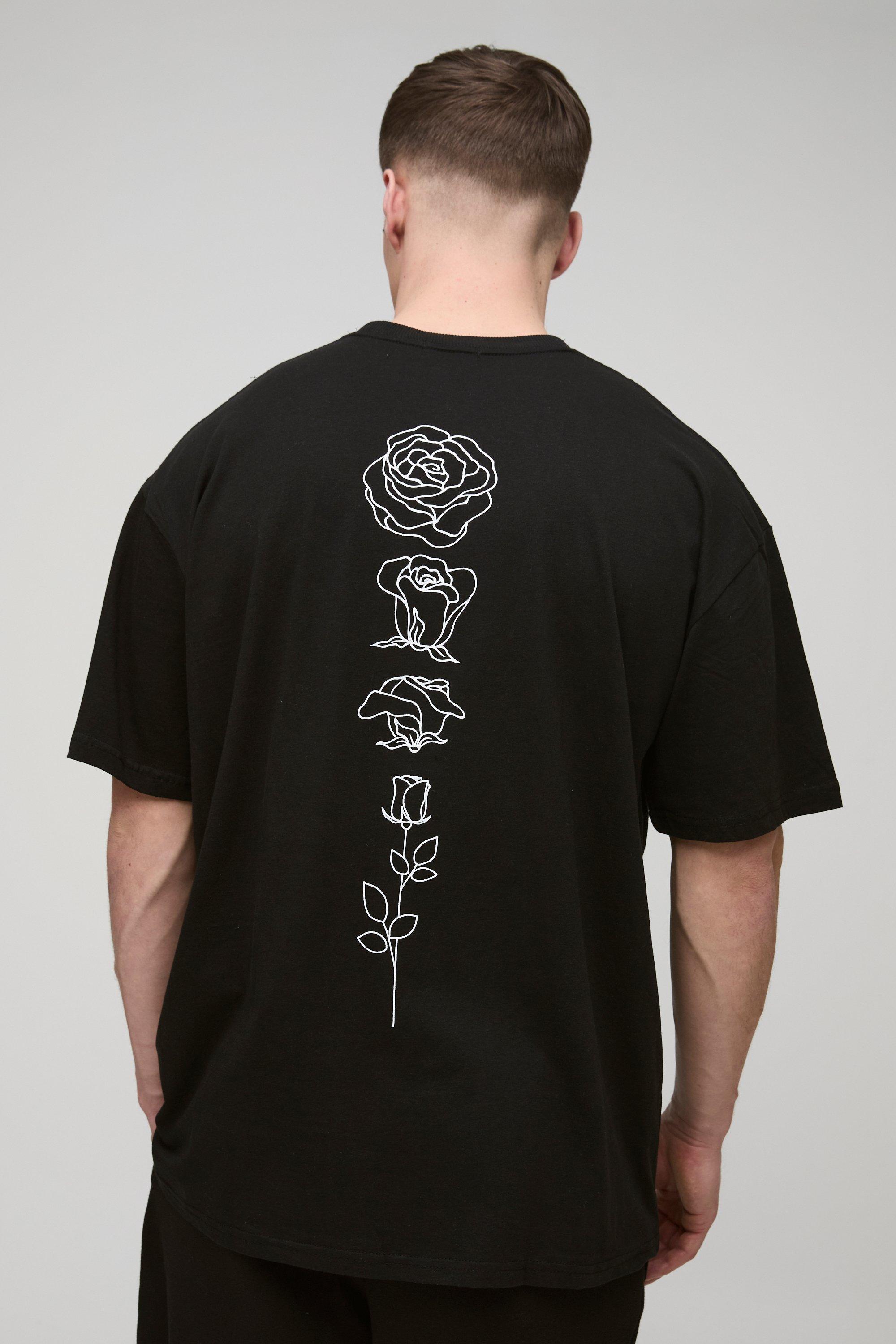 Image of T-shirt Tall oversize con stampa di fiori e disegni a linee, Nero