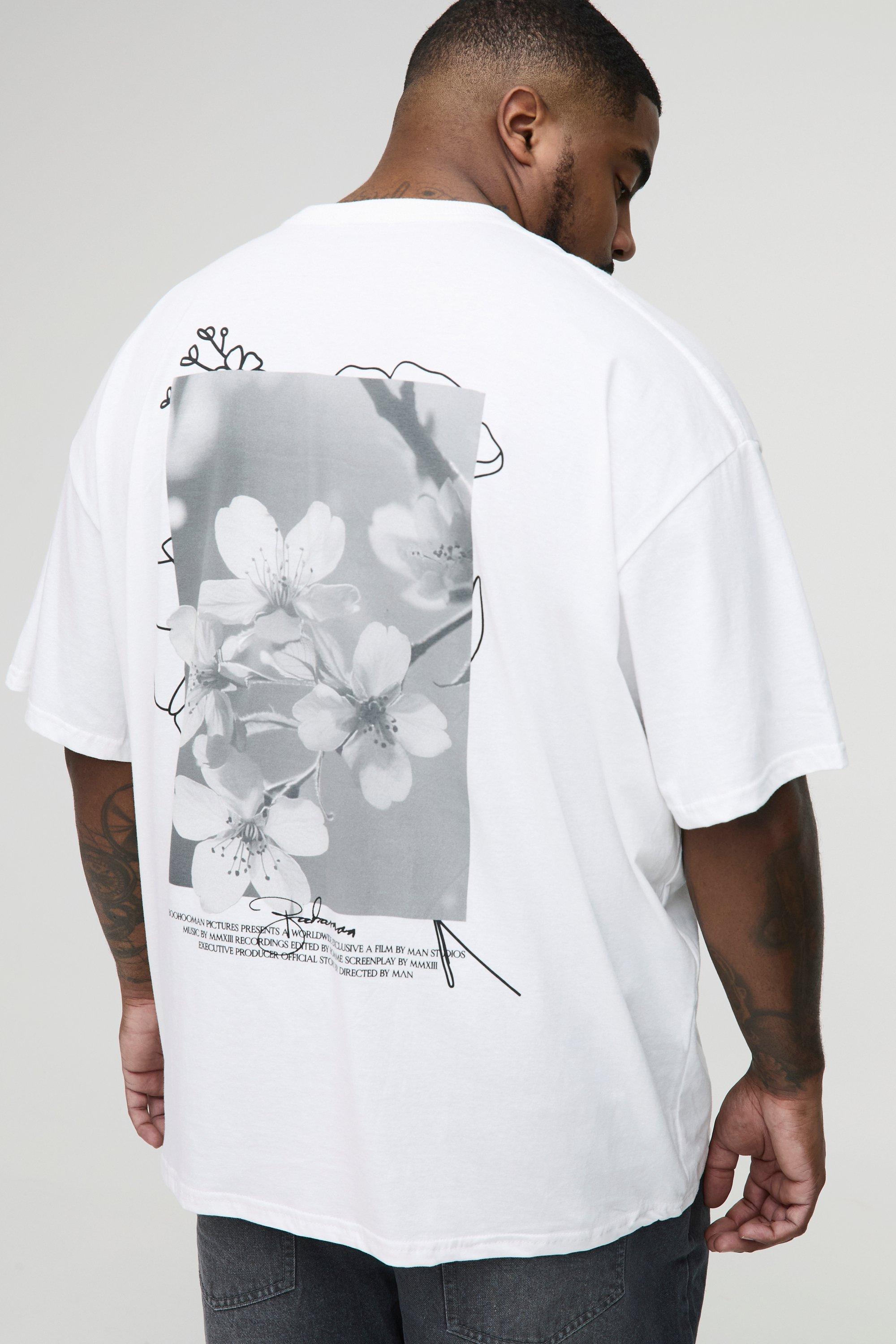 Mens White Plus Oversized Man Floral Back Print T-Shirt, White