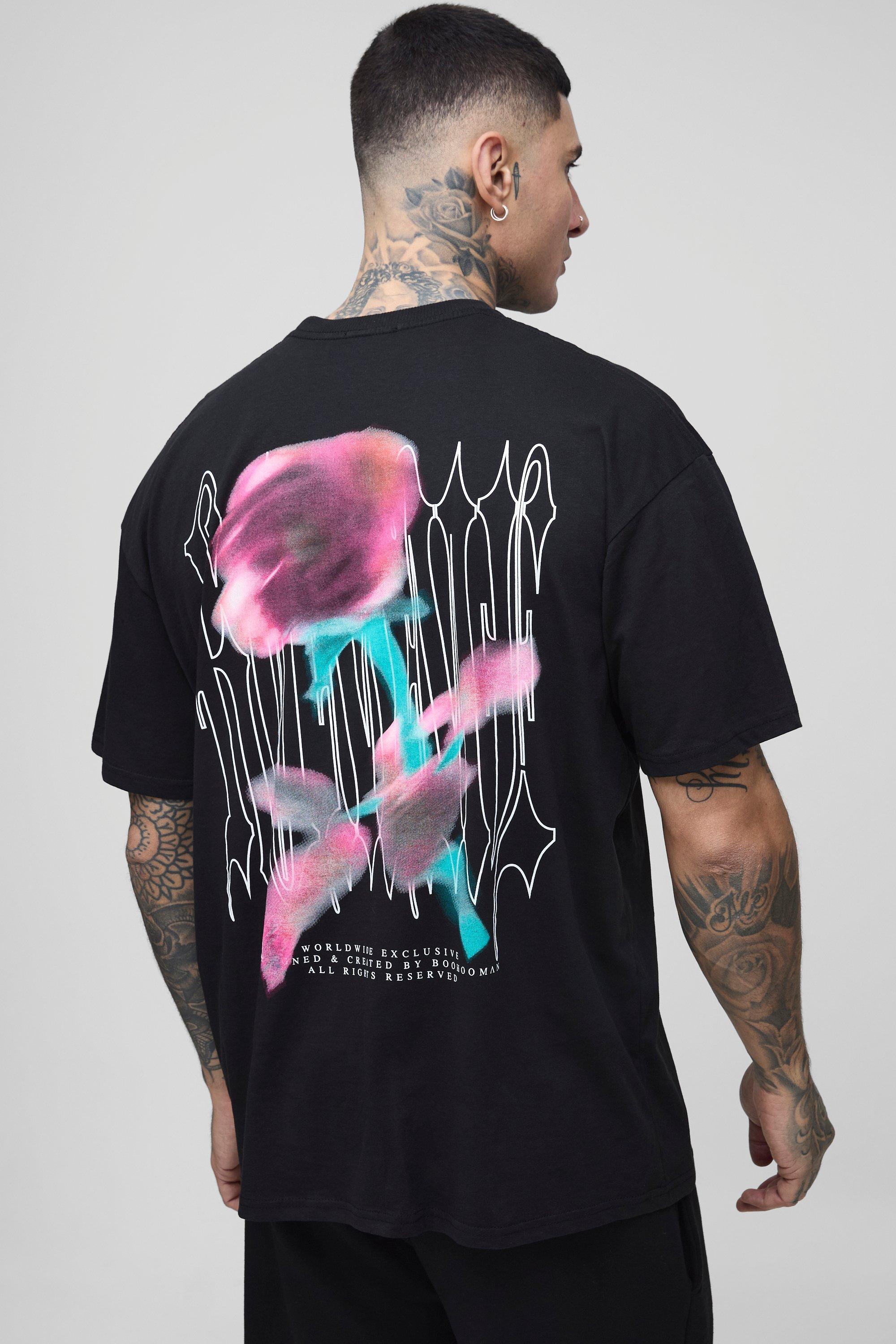 Mens Black Tall Oversized Gothic Rose Print T-Shirt, Black