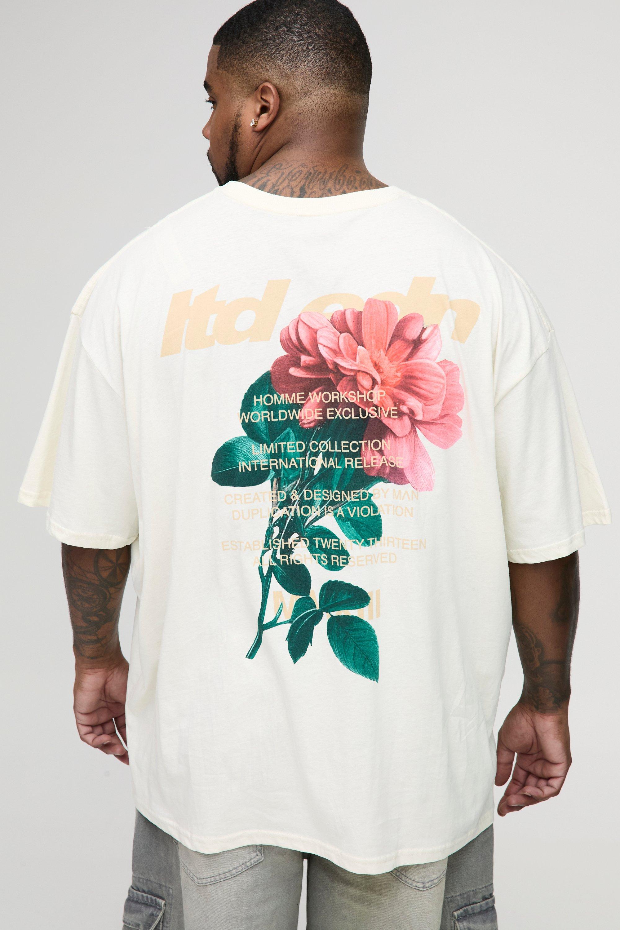 Mens Cream Plus Oversized LTD EDN Rose Print T-Shirt, Cream