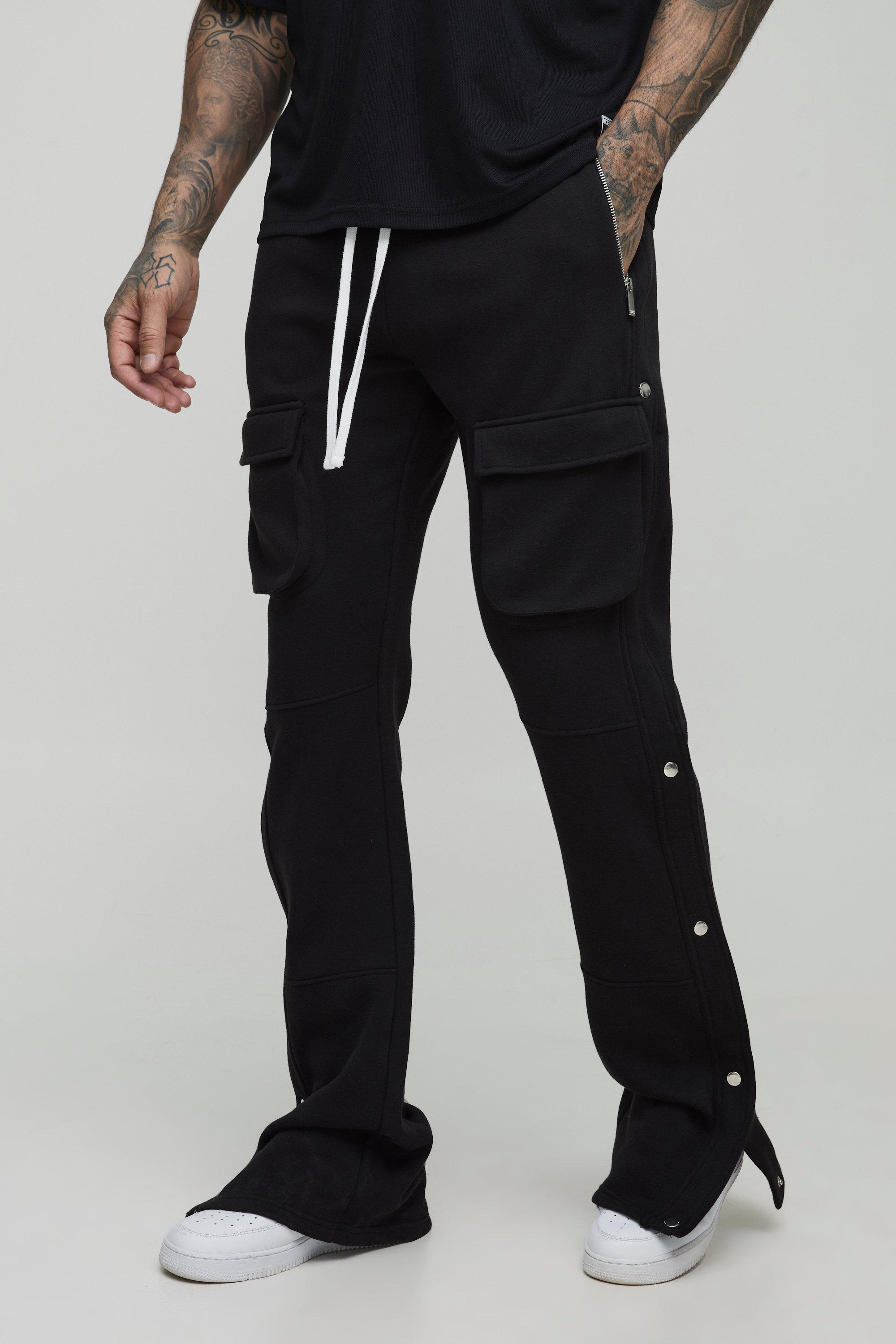 Mens Black Tall Slim Stacked Flared Popper Detail Joggers, Black