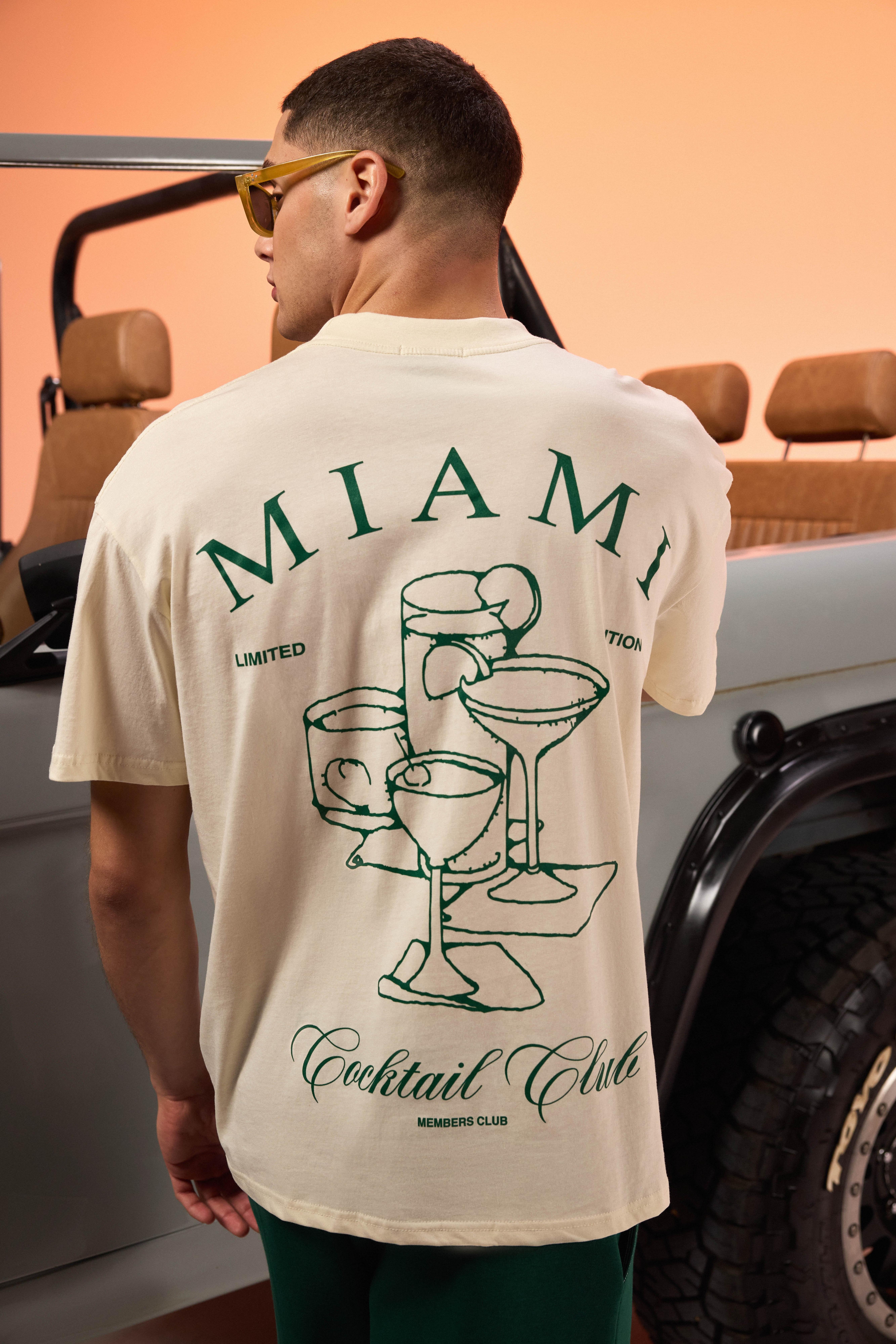 Mens Cream Oversized Extended Neck Miami Cocktail Club T-shirt, Cream