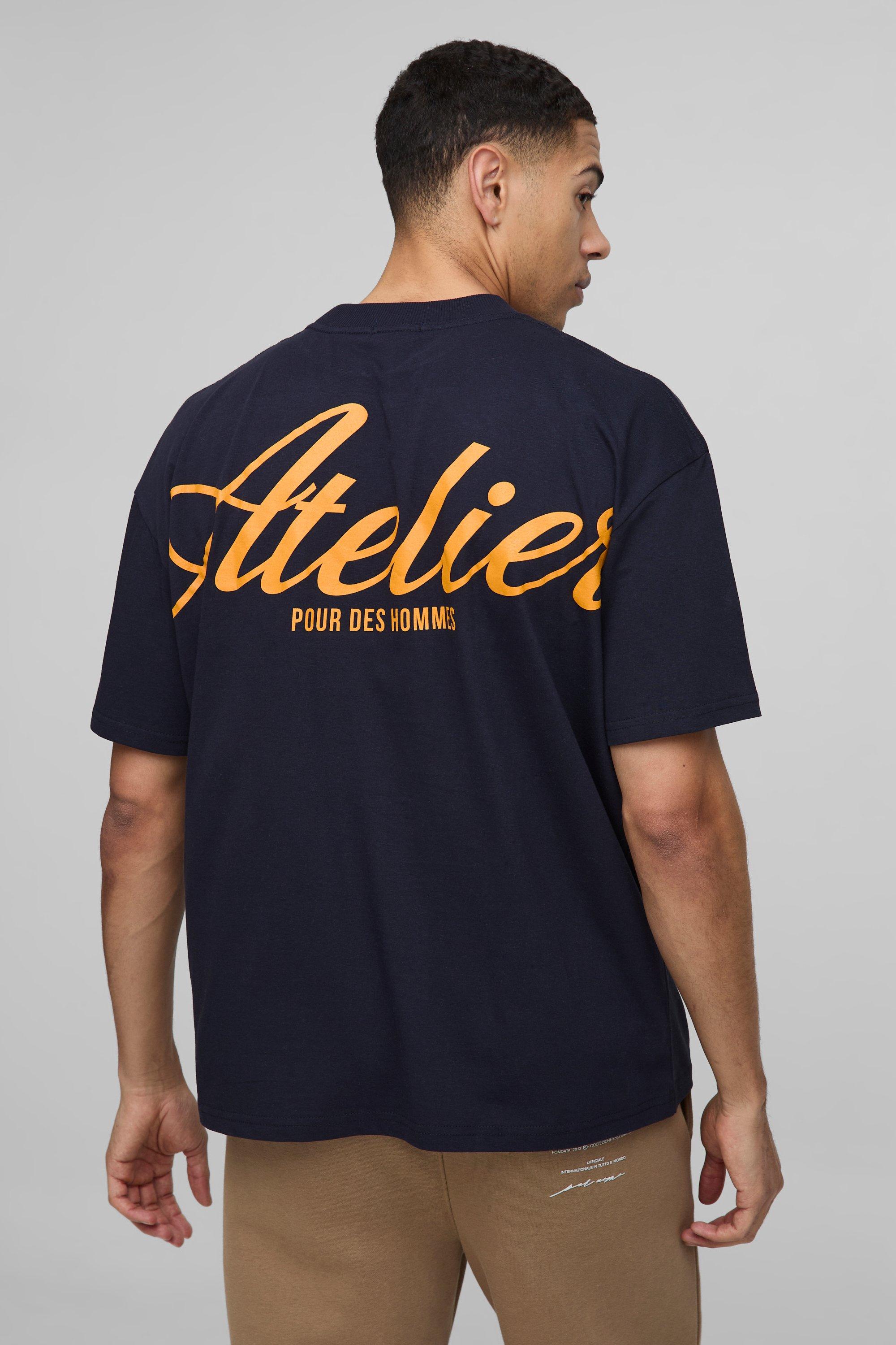 Mens Navy Oversized Extended Neck Atelier Over Seams Print T-Shirt, Navy