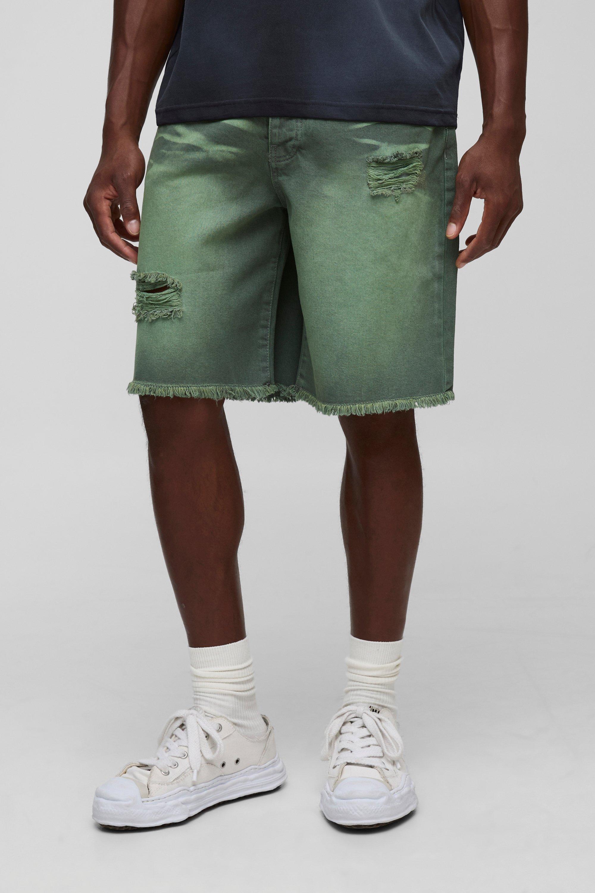 Relaxed Fit Ripped Green Tinted Denim Shorts