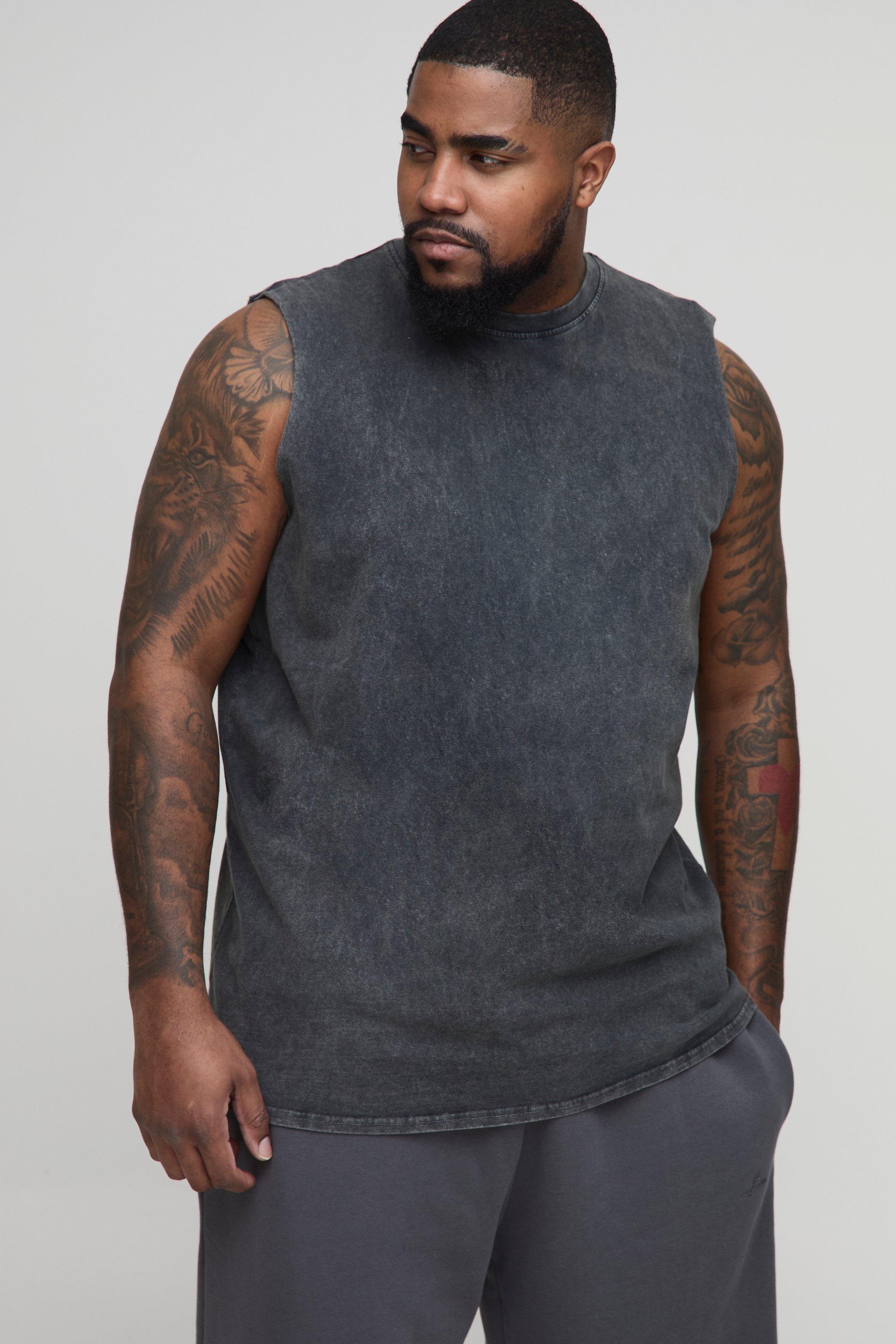 Mens Black Plus Acid Wash Regular Fit vest, Black