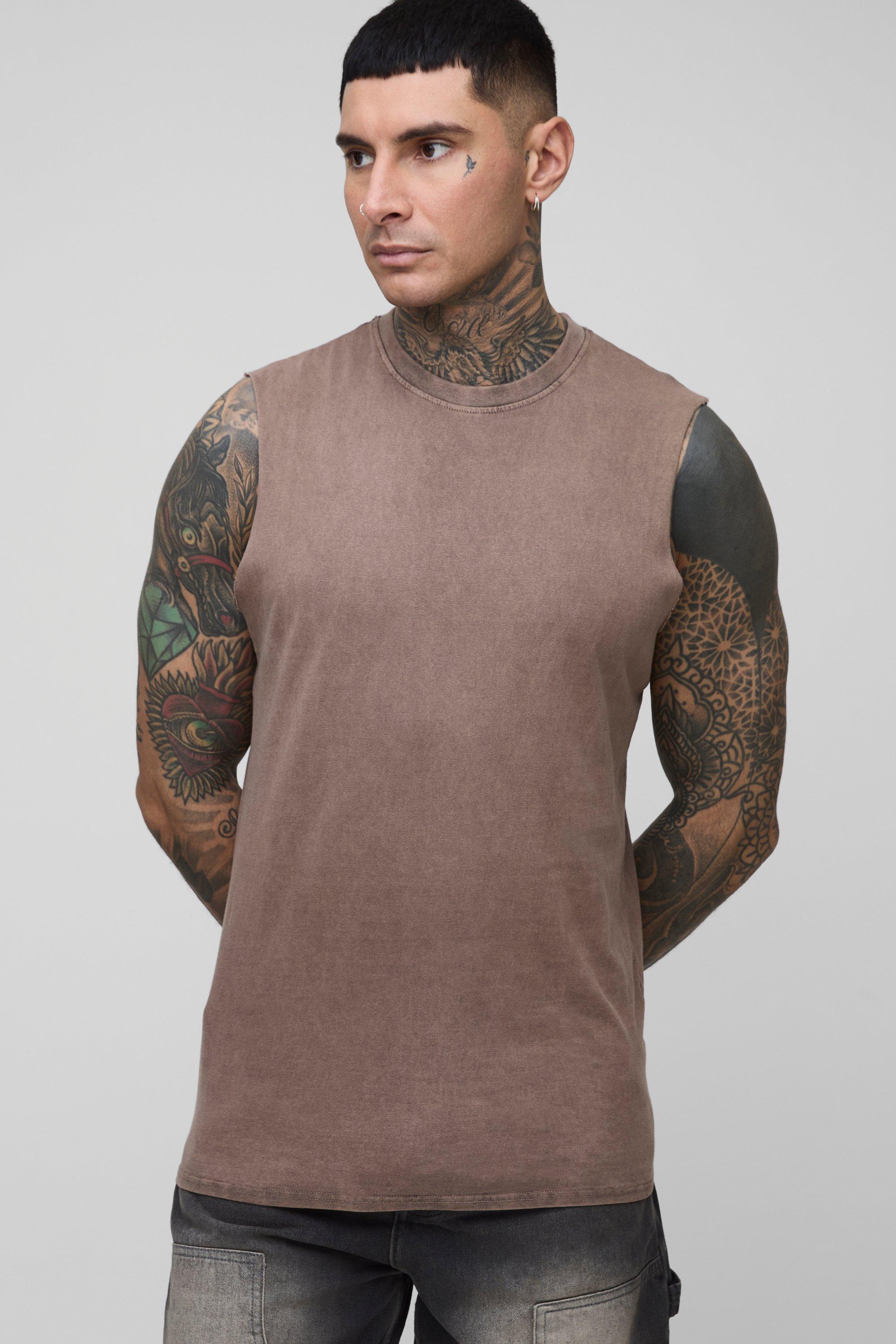Mens Brown Tall Acid Wash Regular Fit vest, Brown