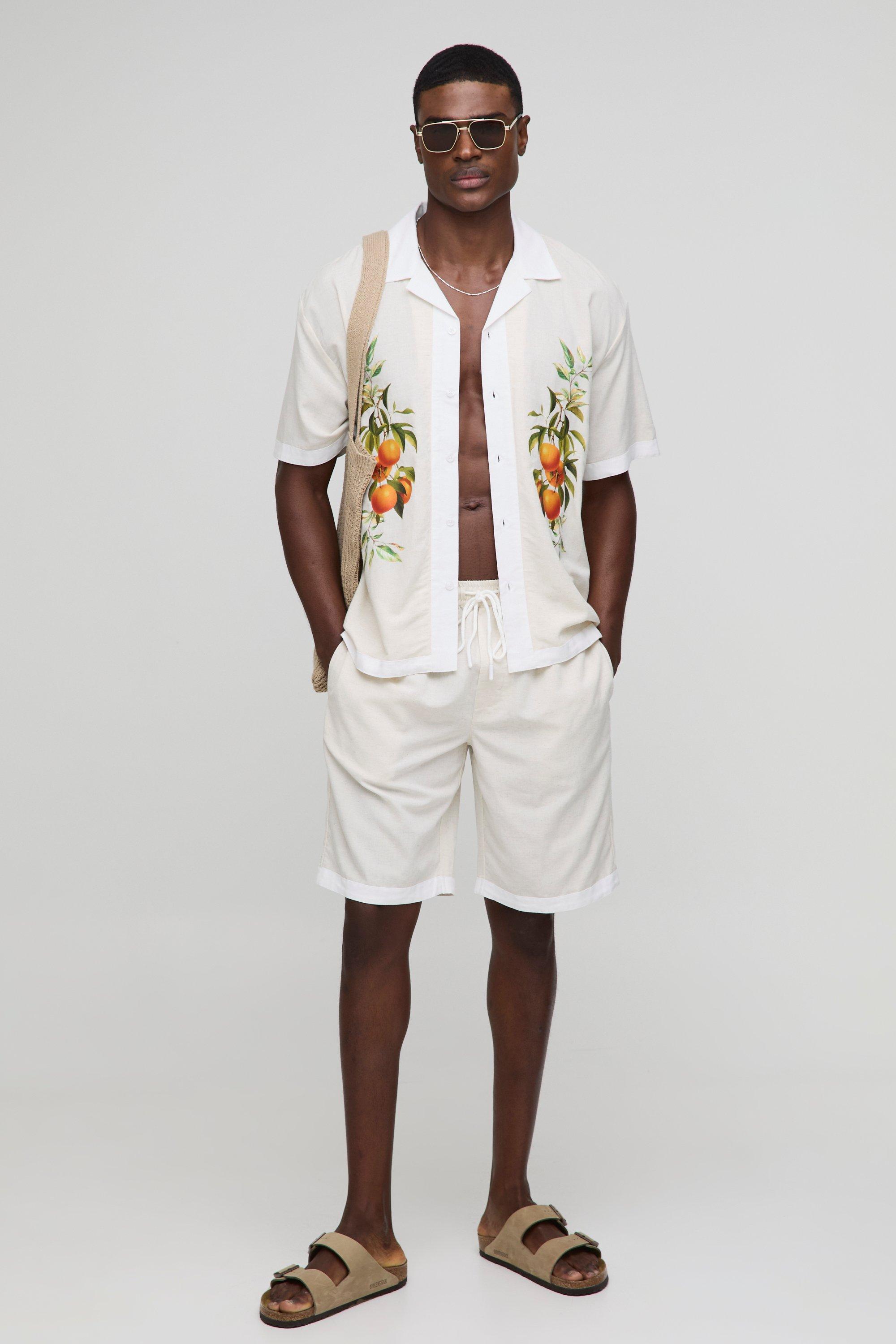 Mens Beige Oversized Orange Graphic Linen Blend Shirt & Relaxed Short Set, Beige