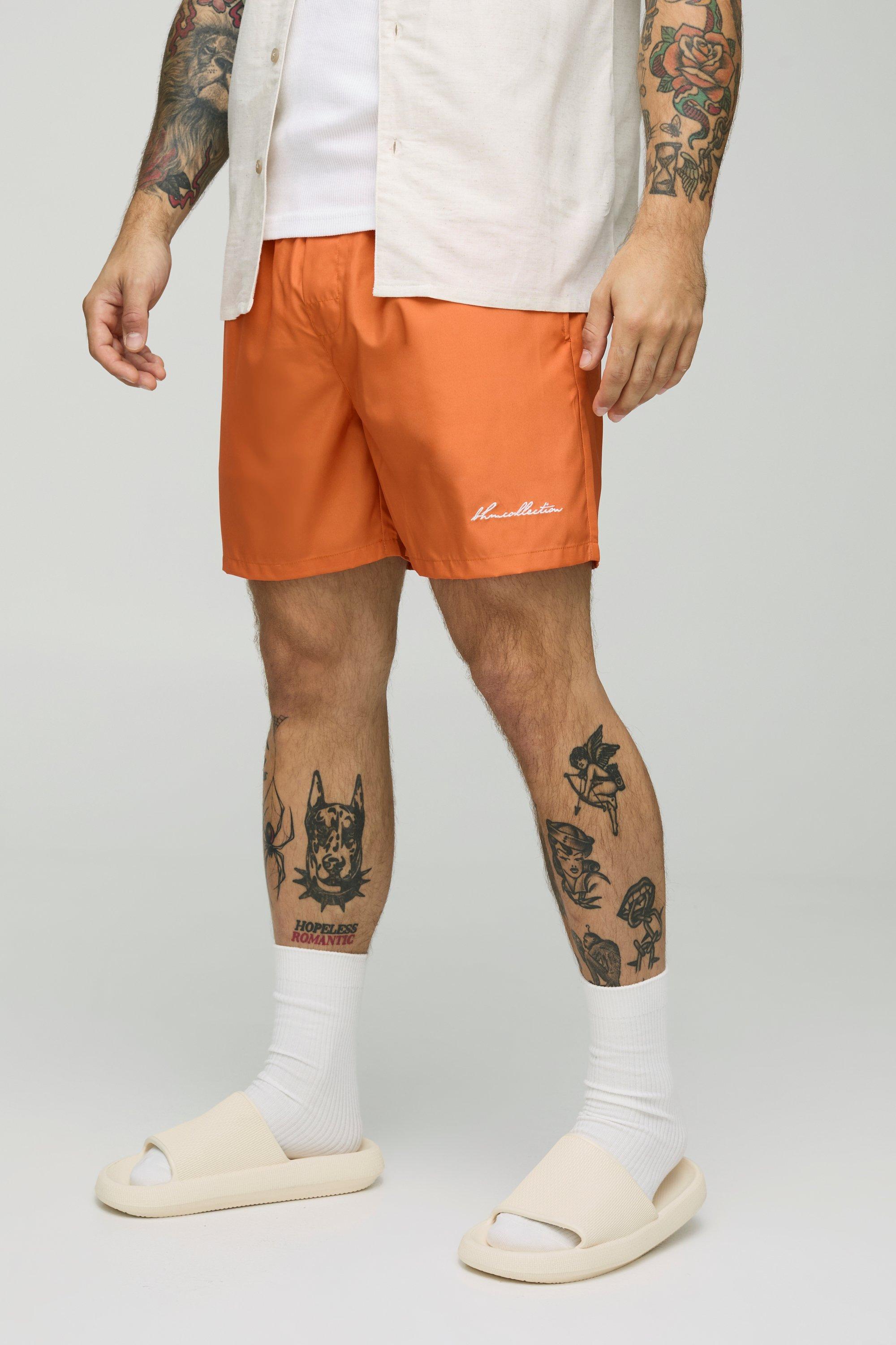 Mens Orange Mid Length Worldwide Swim Short, Orange