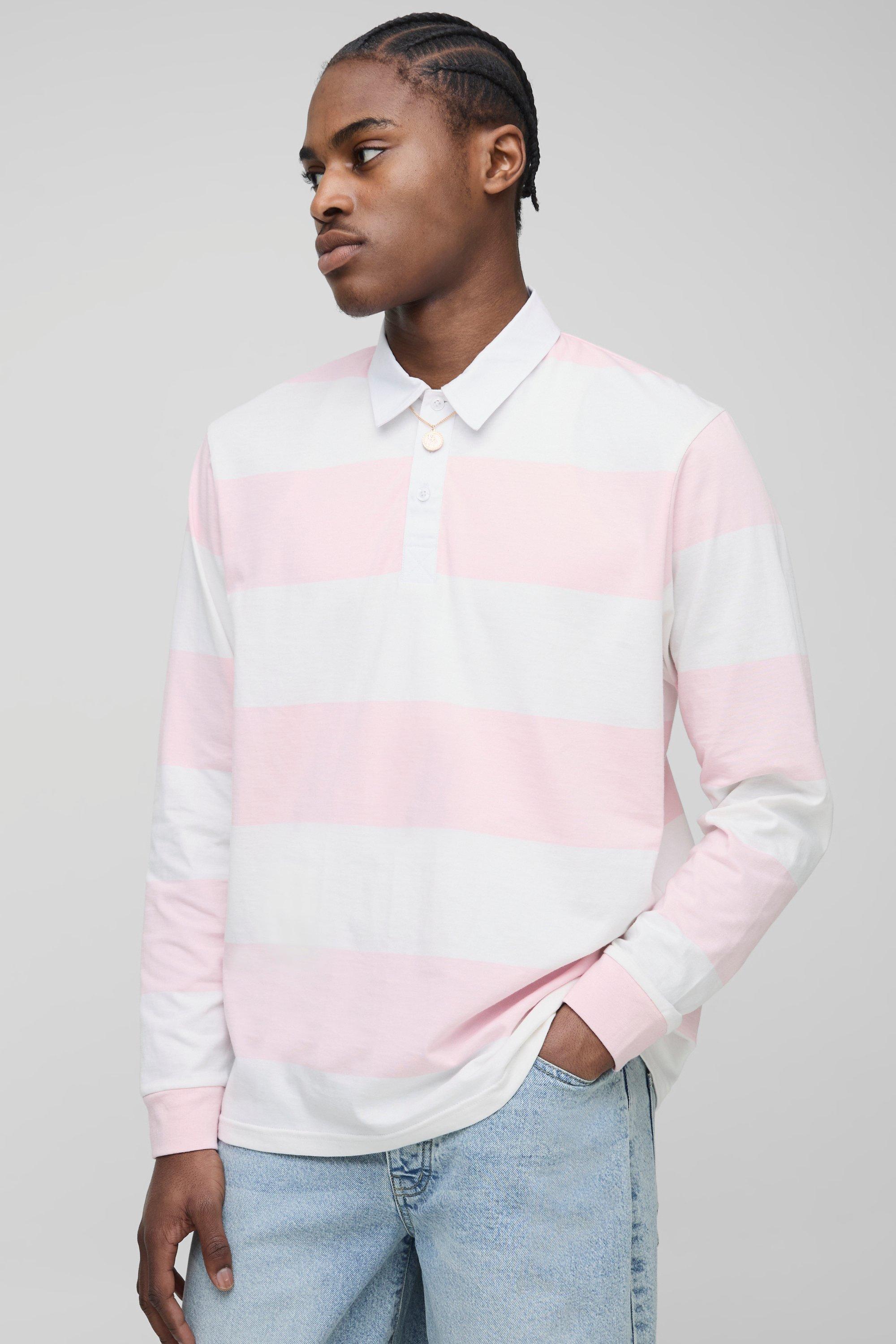 Image of Regular Fit Stripe Long Sleeve Rugby Polo, Azzurro