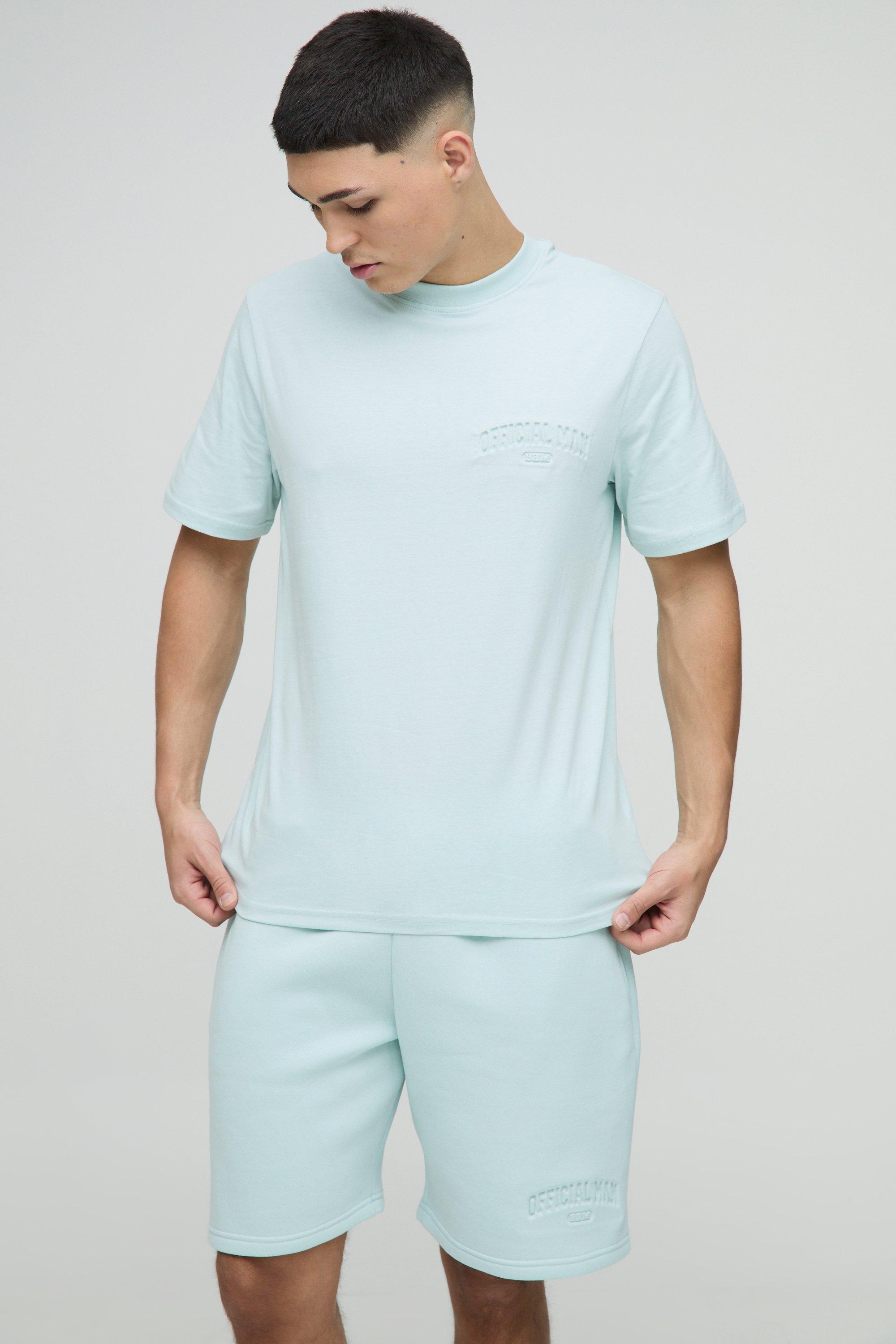 Mens Blue Regular Fit Varsity 25 Debossed T-Shirt & Short Set, Blue