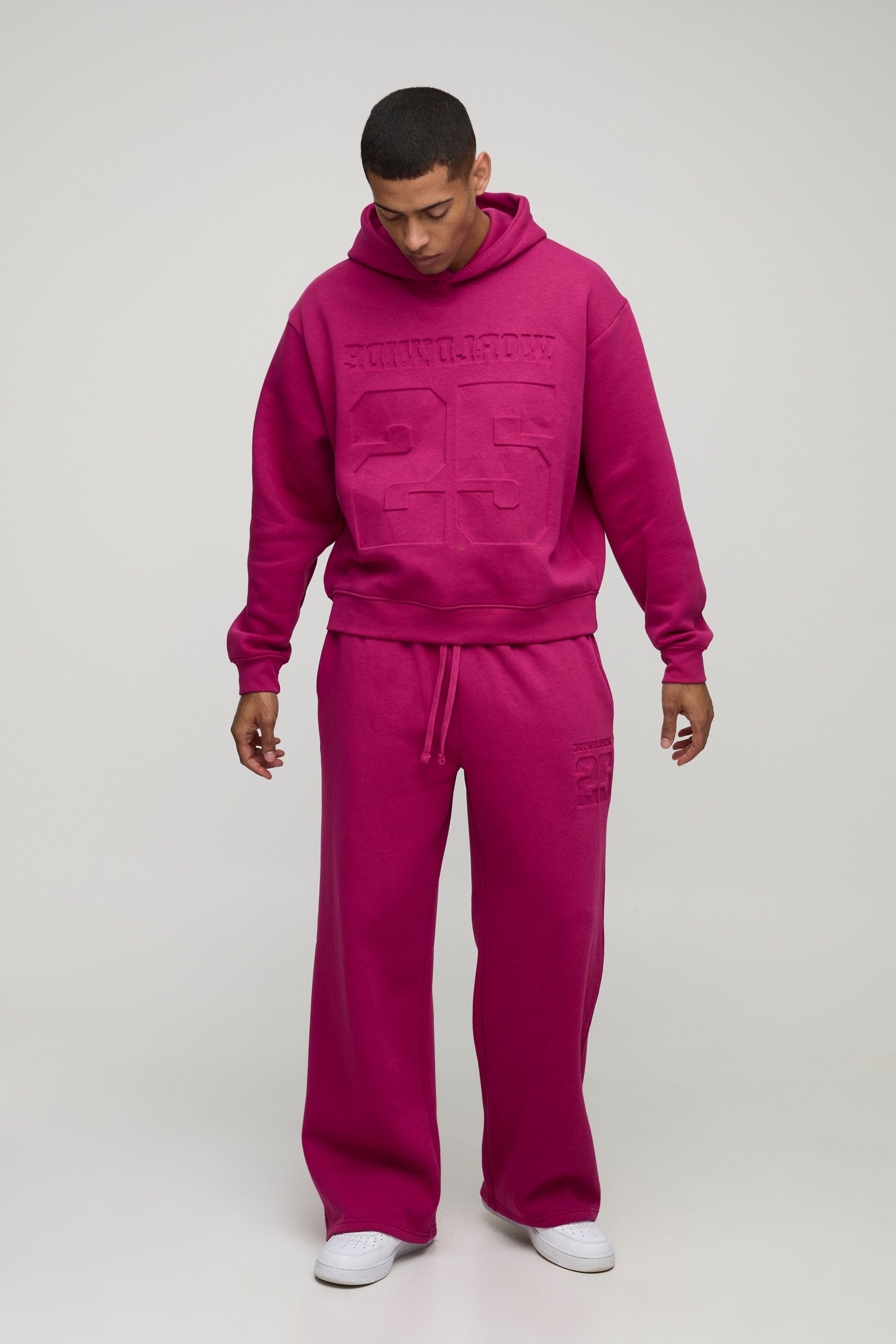 Mens Pink Oversized Boxy Varsity 25 Debossed Hooded Tracksuit, Pink