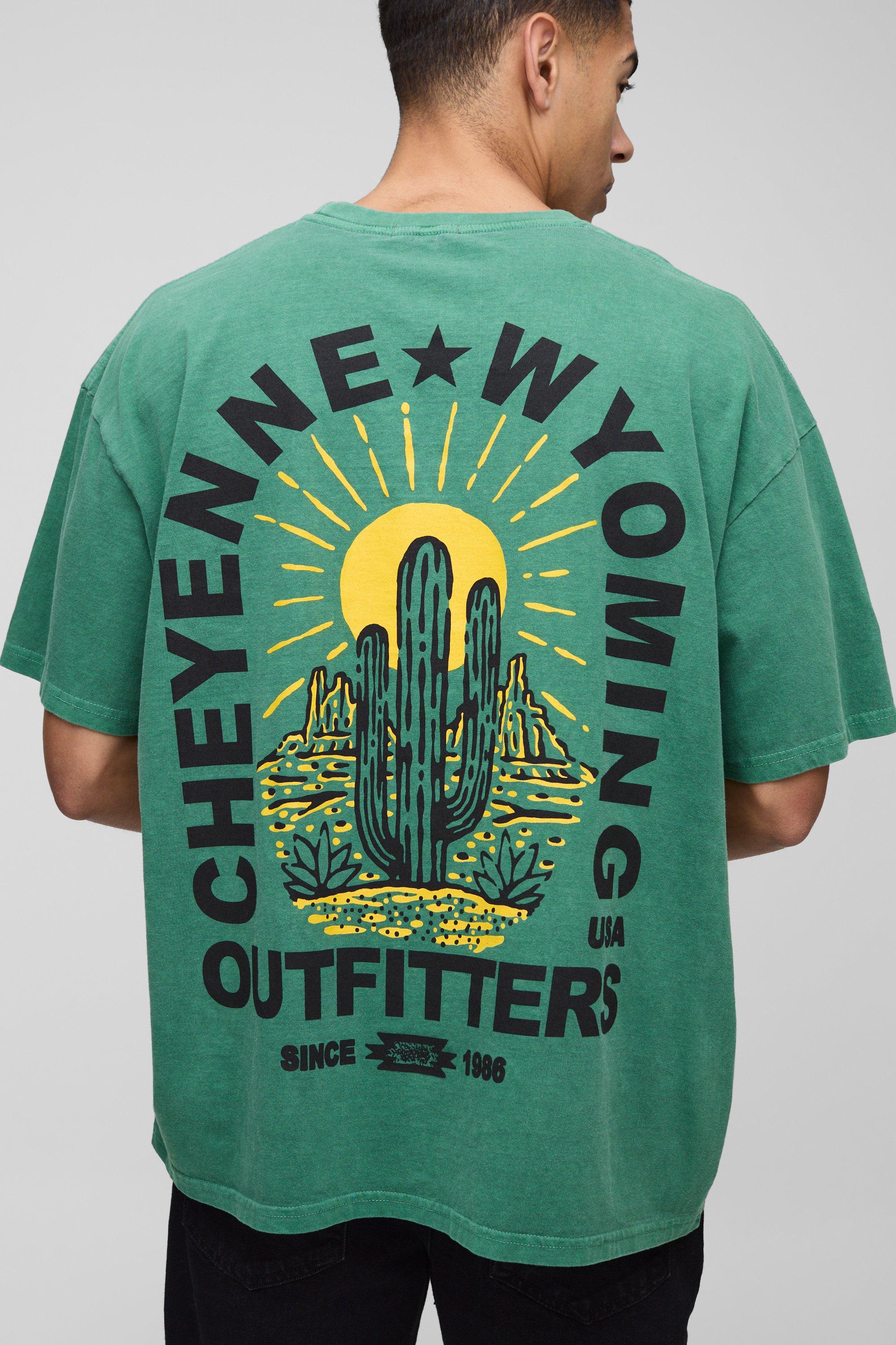 Mens Green Oversized Wyoming Western Landscape Print Washed T-Shirt, Green