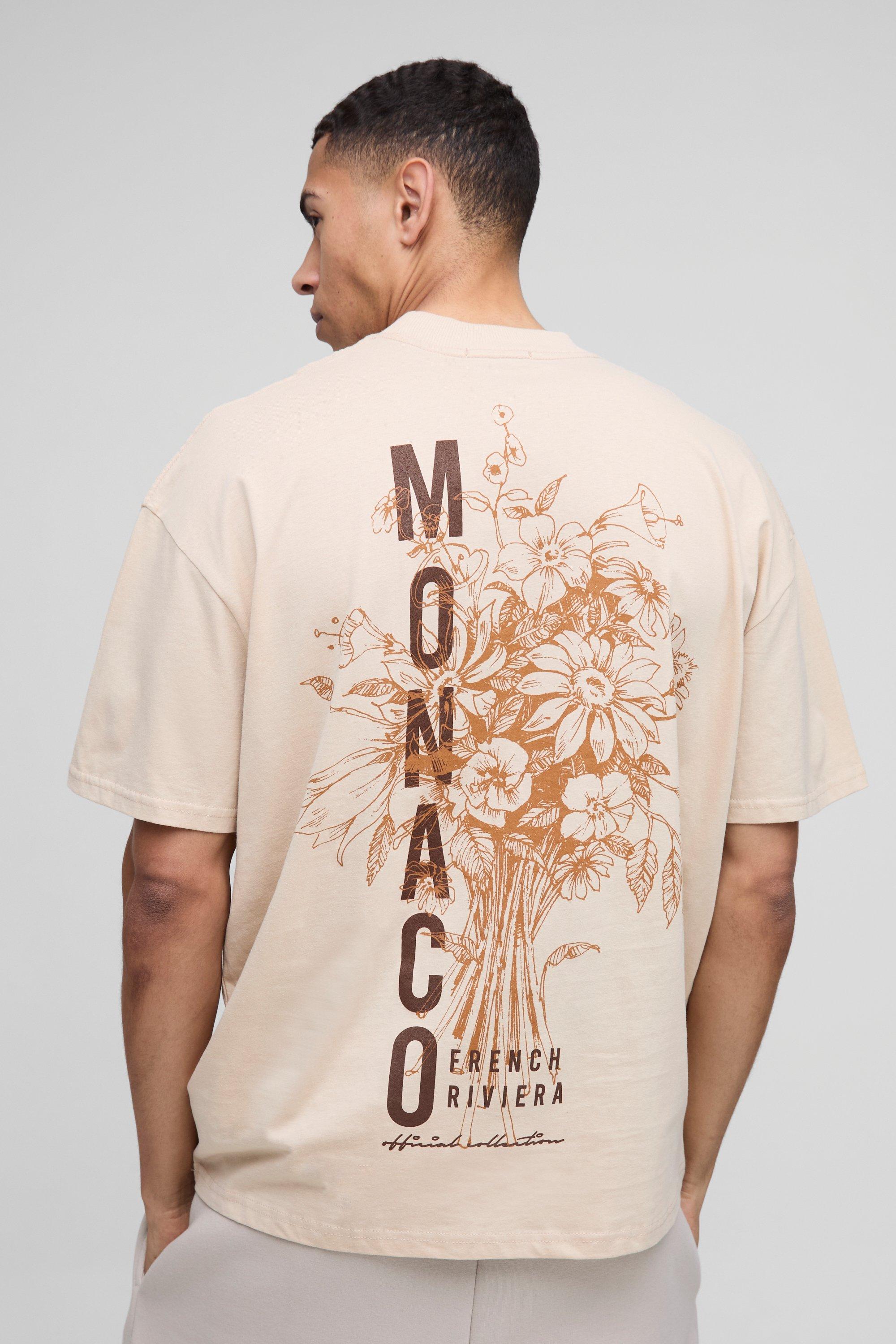 Mens Beige Oversized Extended Neck Monaco Floral Printed T-Shirt, Beige