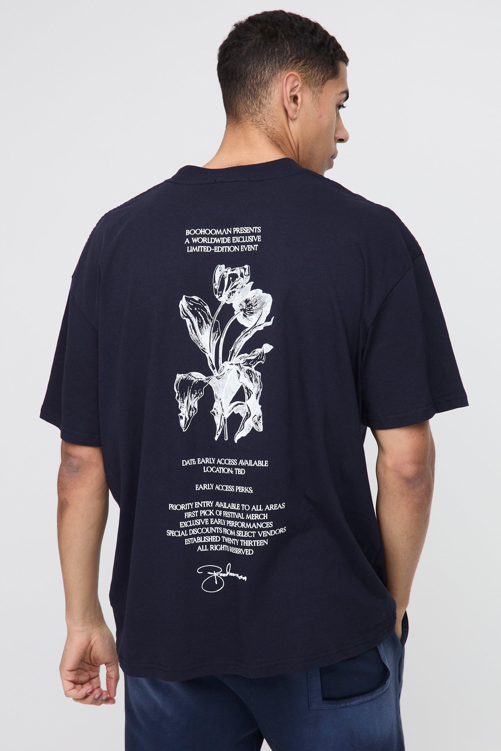 Mens Navy Oversized Extended Neck Line Drawn Floral Print T-Shirt, Navy