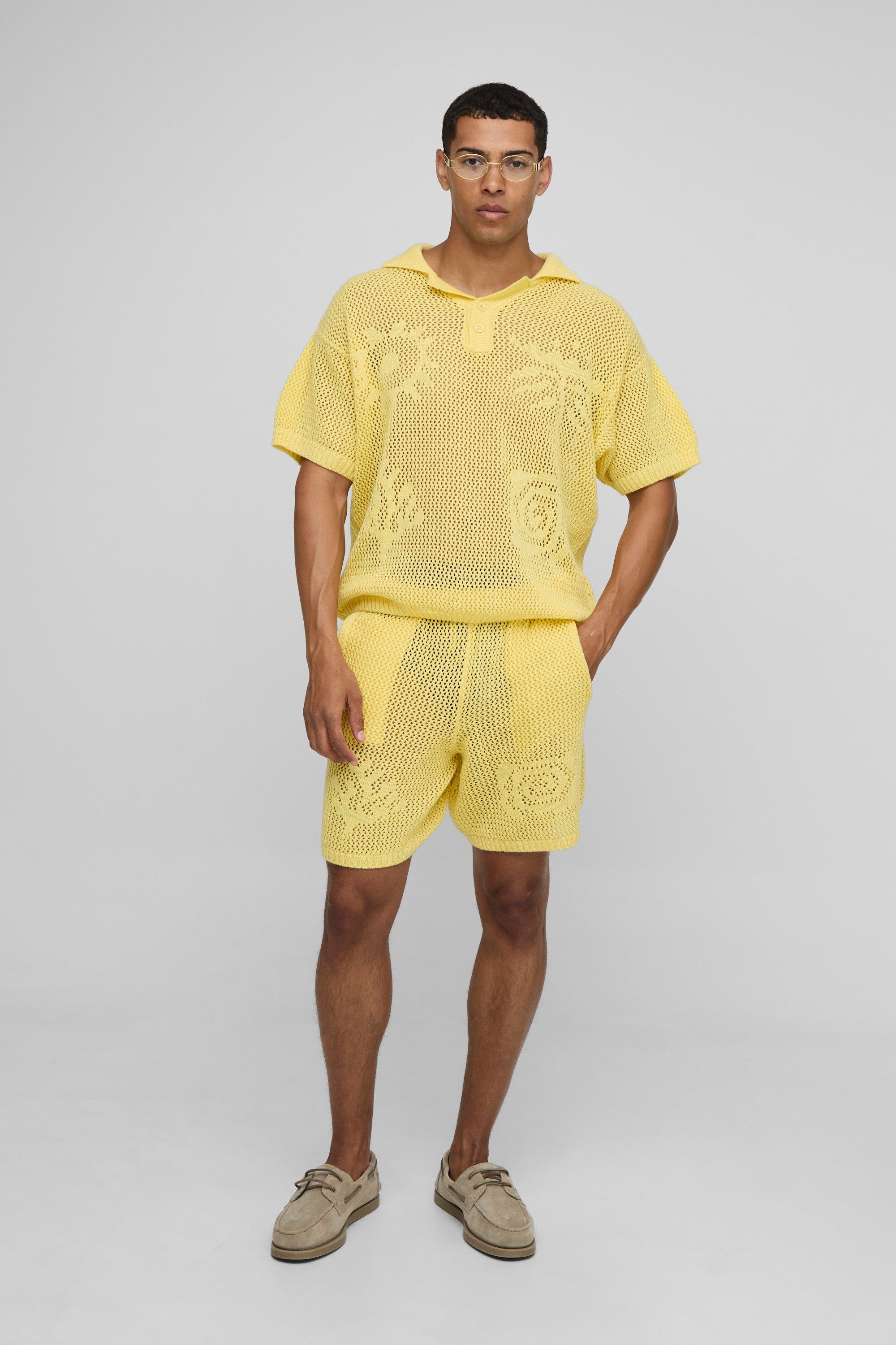 Oversized Intarsia Graphic Knitted Polo & Relaxed Short Set