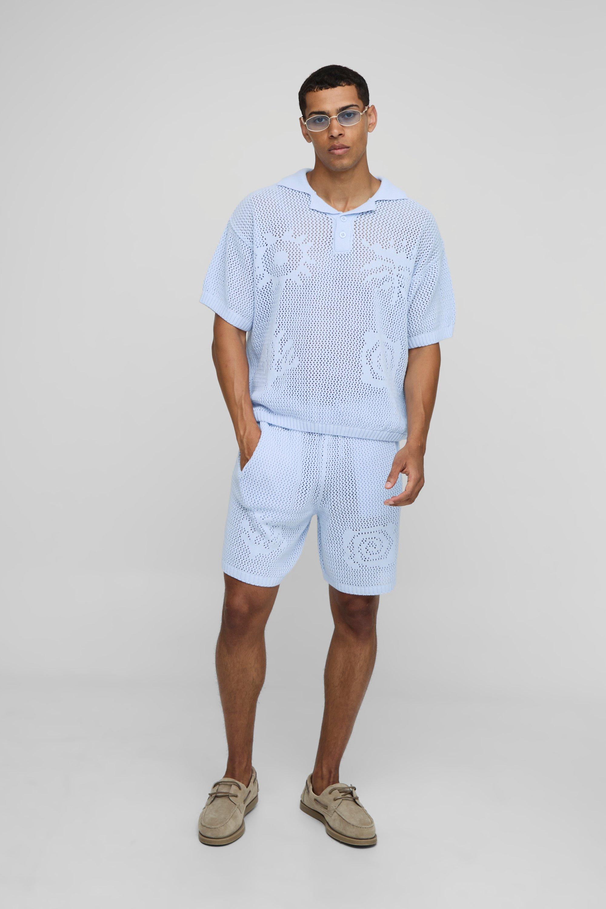 Oversized Intarsia Graphic Knitted Polo & Relaxed Short Set