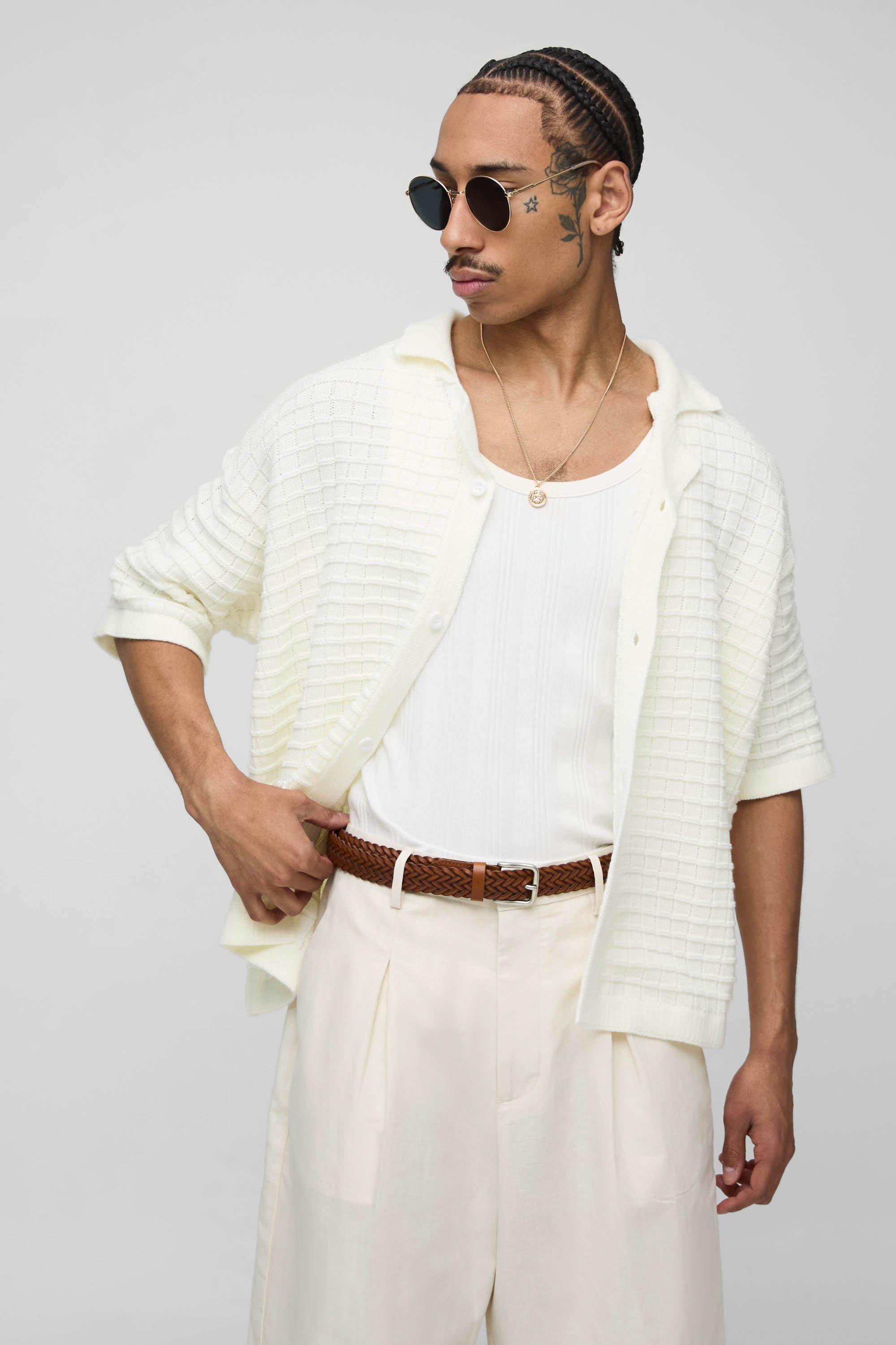 Mens White Oversized Boxy Chunky Knitted Shirt, White