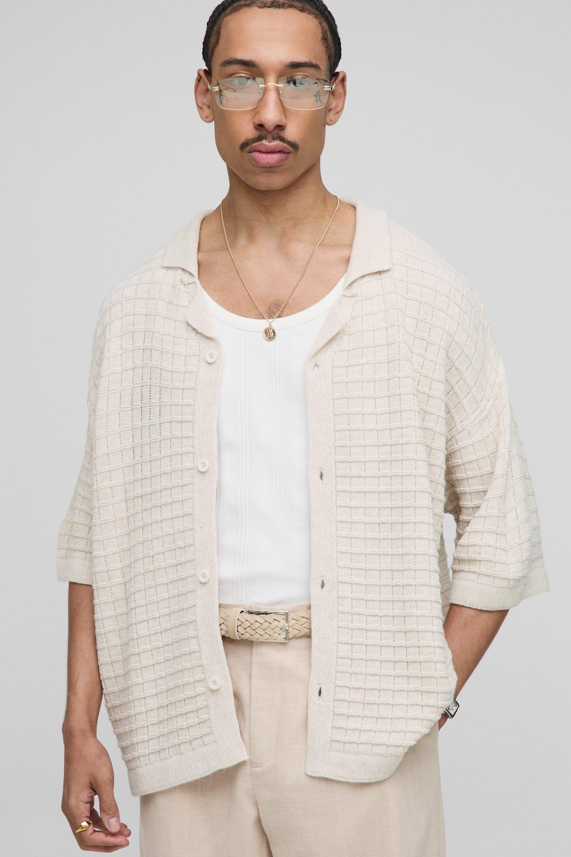 Image of Camicia squadrata oversize in maglia spessa, Beige