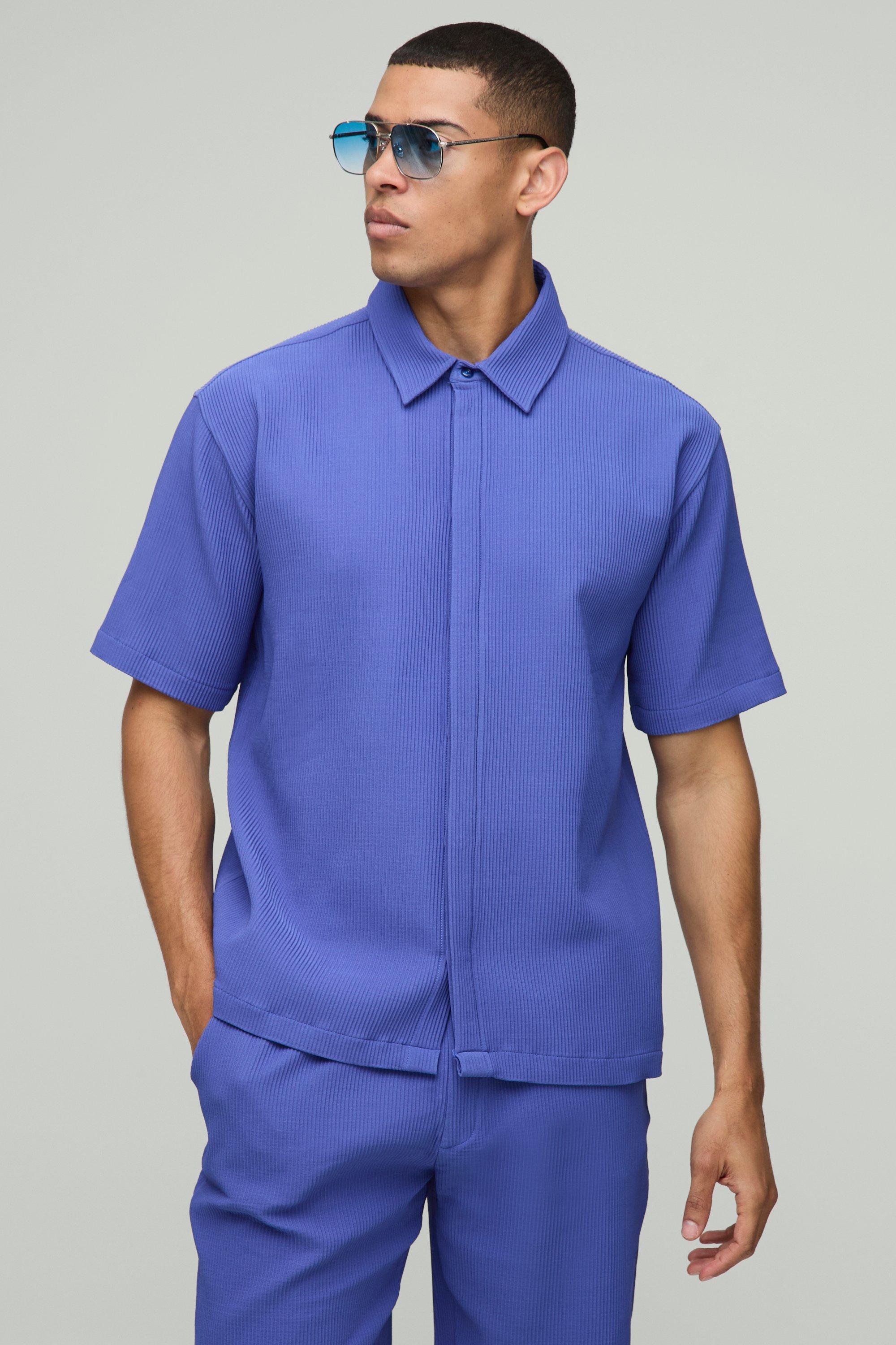 Image of Camicia oversize a maniche corte con pieghe e falsatura, Azzurro