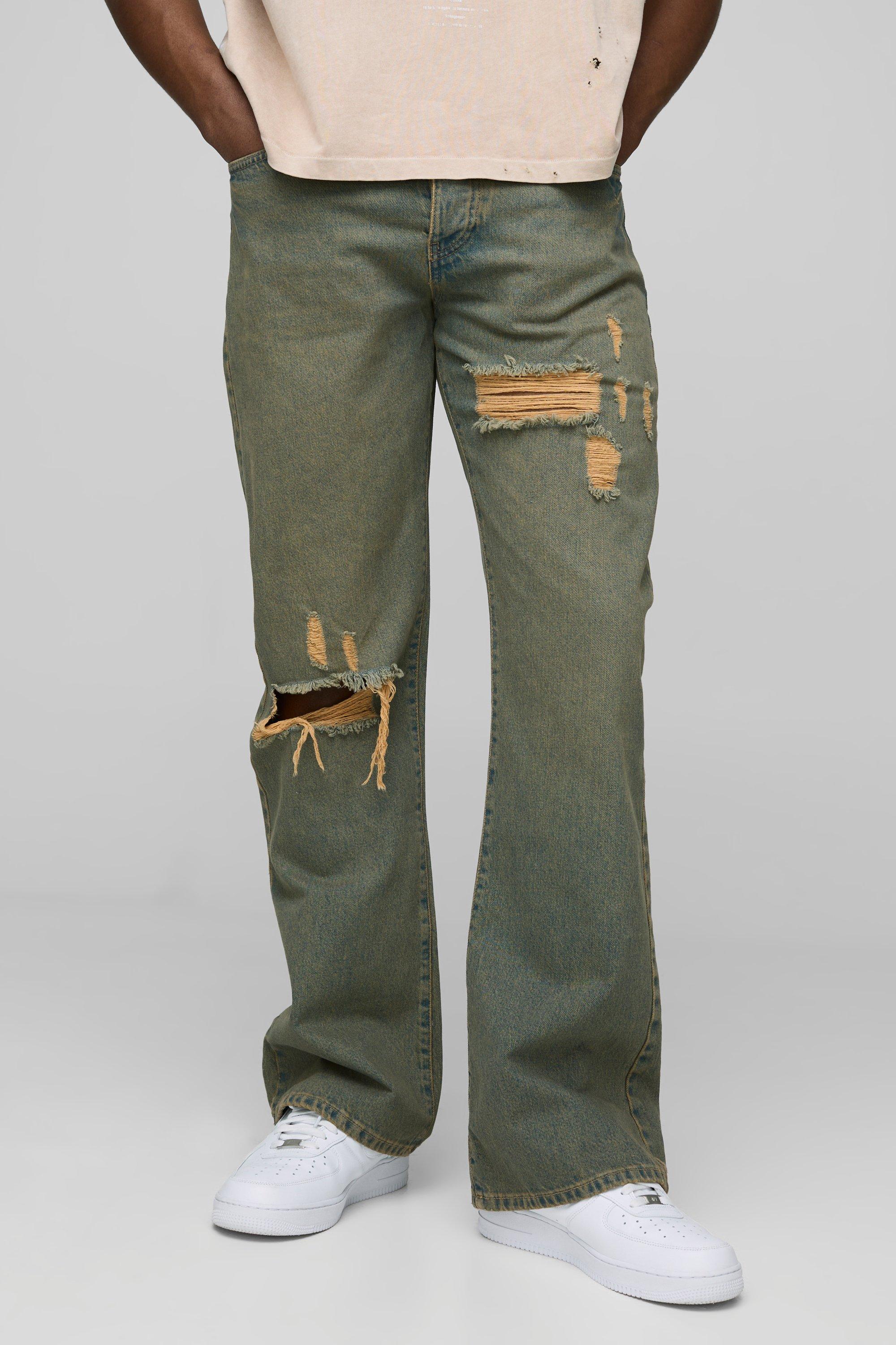 Mens Blue Relaxed Flared Ripped Knee Antique Wash Jeans, Blue