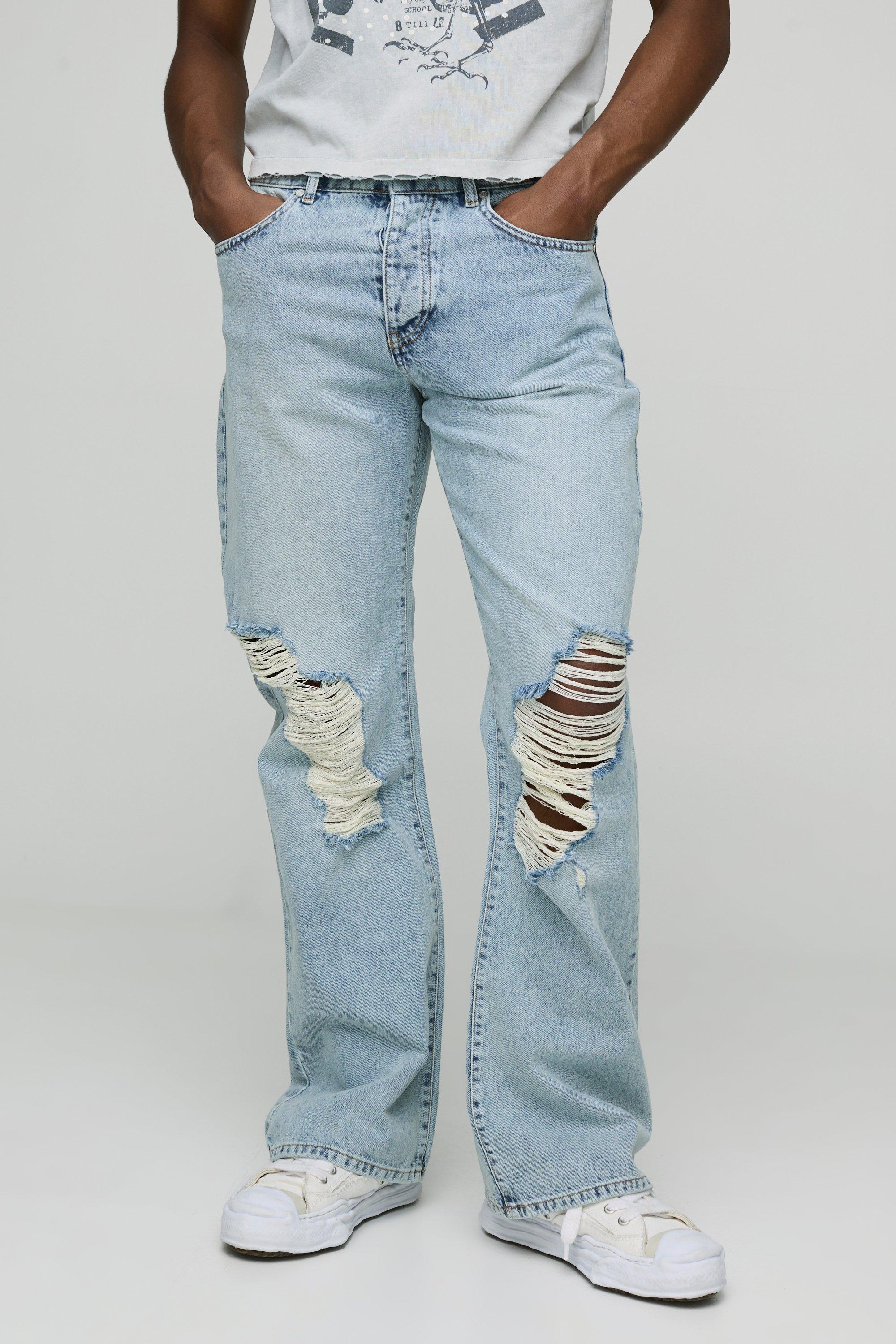 Mens Relaxed Flare Ripped Knee Blue Wash Jeans, Blue