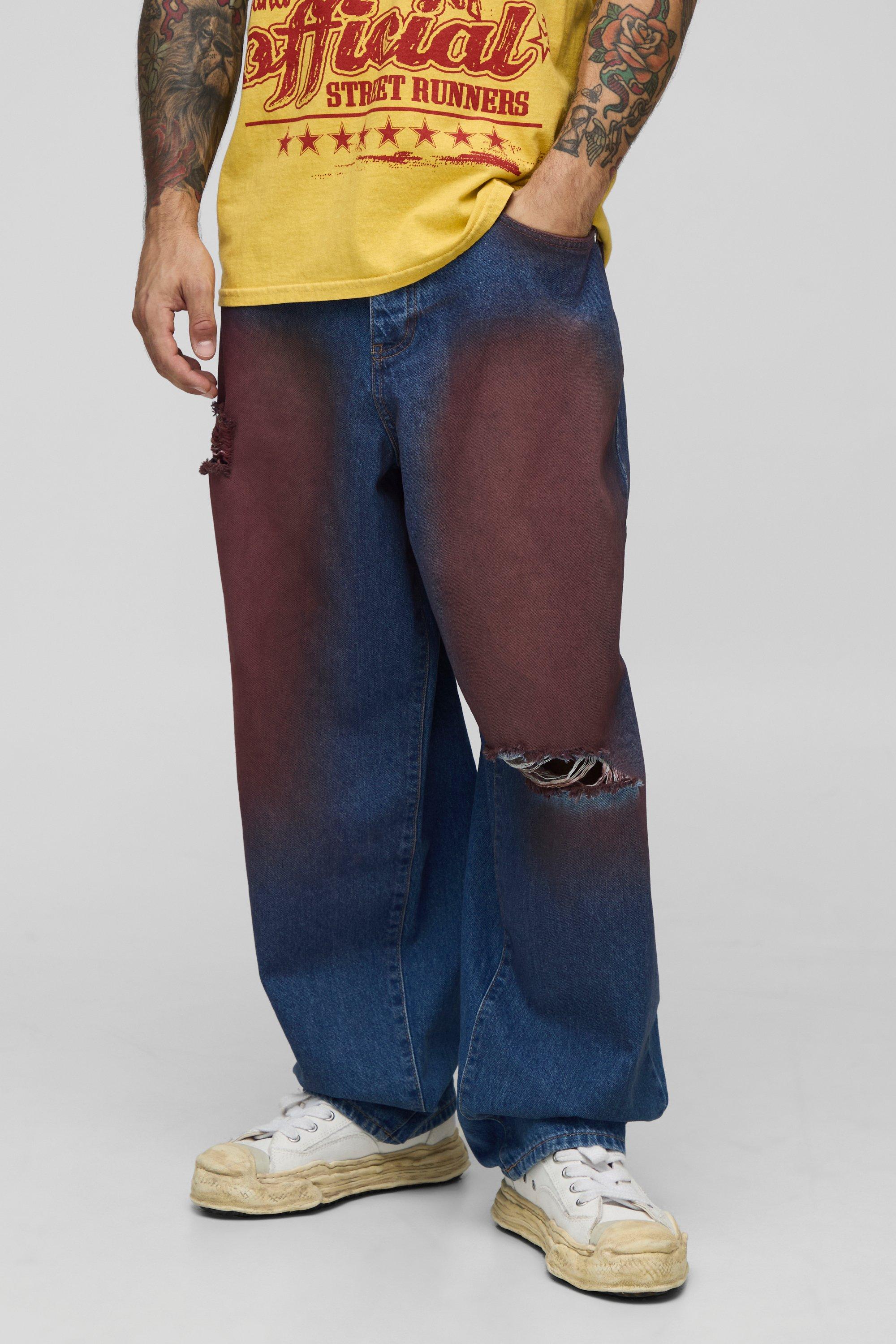 Image of Jeans a palloncino colorati in rosso con strappi sul ginocchio, Rosso