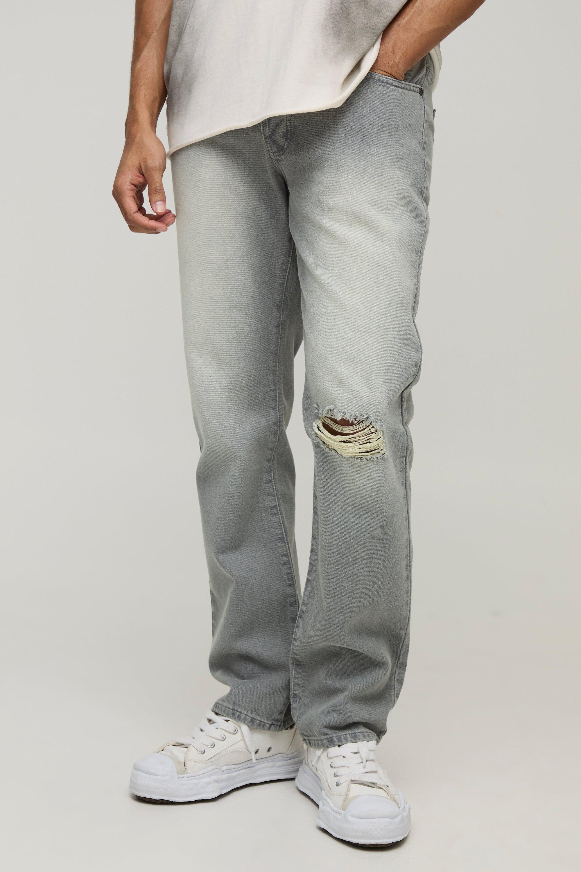 Mens Straight Fit Ripped Knee Vintage Grey Jeans, Grey
