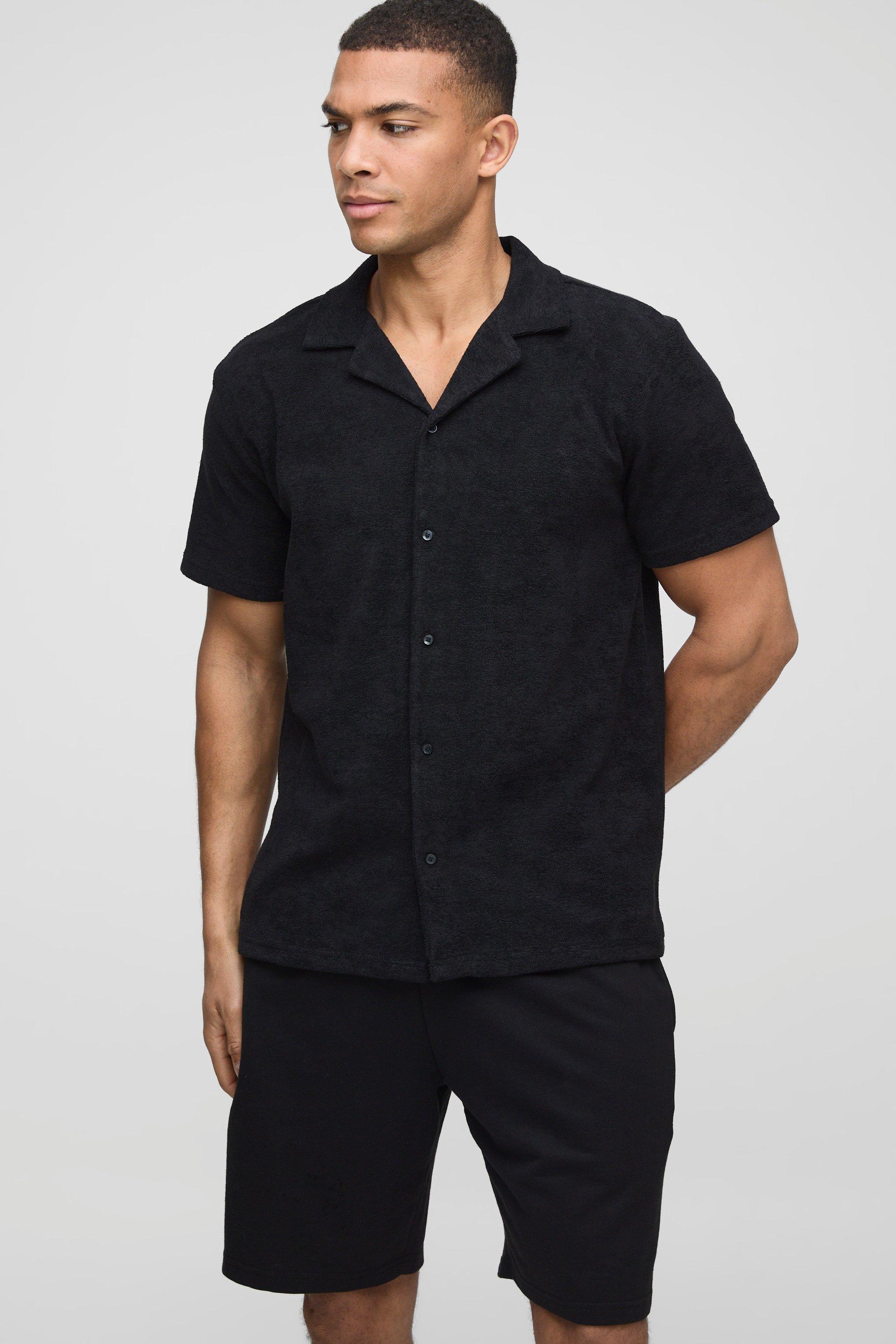 Image of Camicia Regular Fit in spugna con rever, Nero