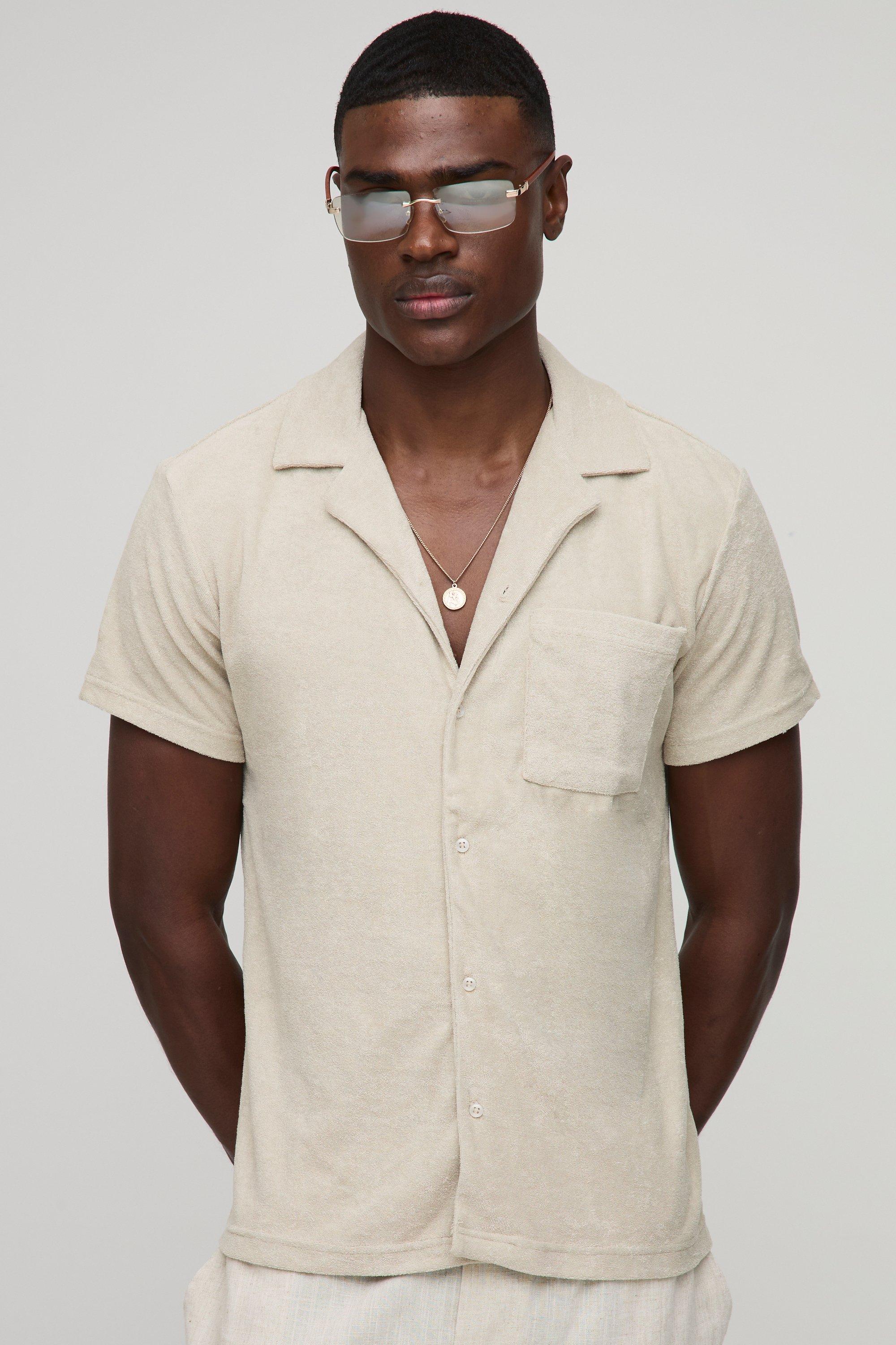 Image of Camicia Regular Fit in spugna con rever, Beige