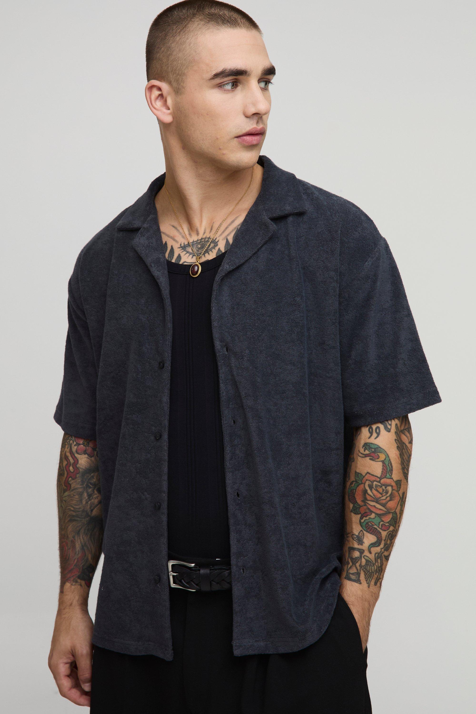 Image of Camicia oversize in spugna con rever, Grigio
