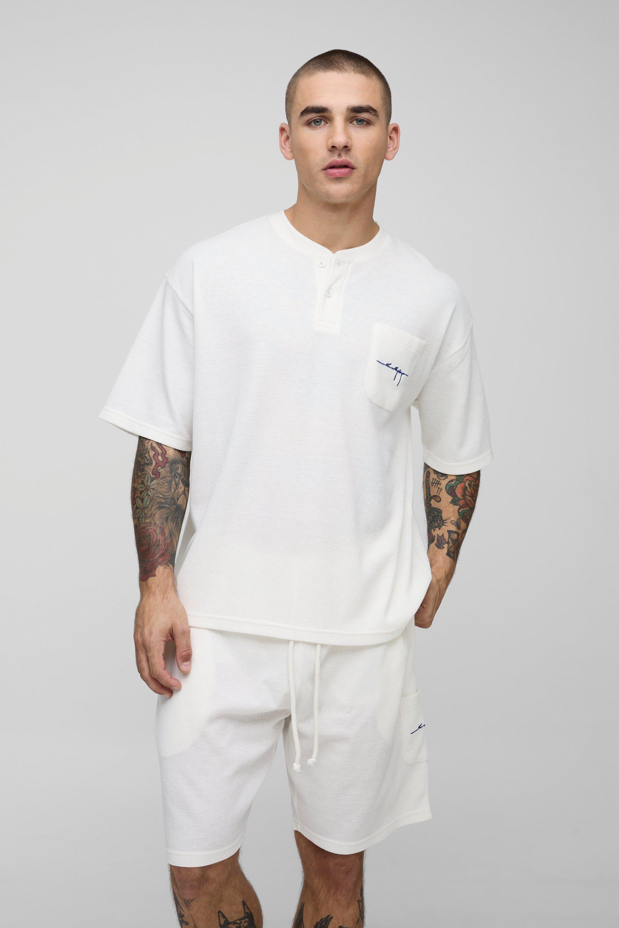 Mens Cream Oversized Boxy Waffle Embroidered T-Shirt & Short Set, Cream