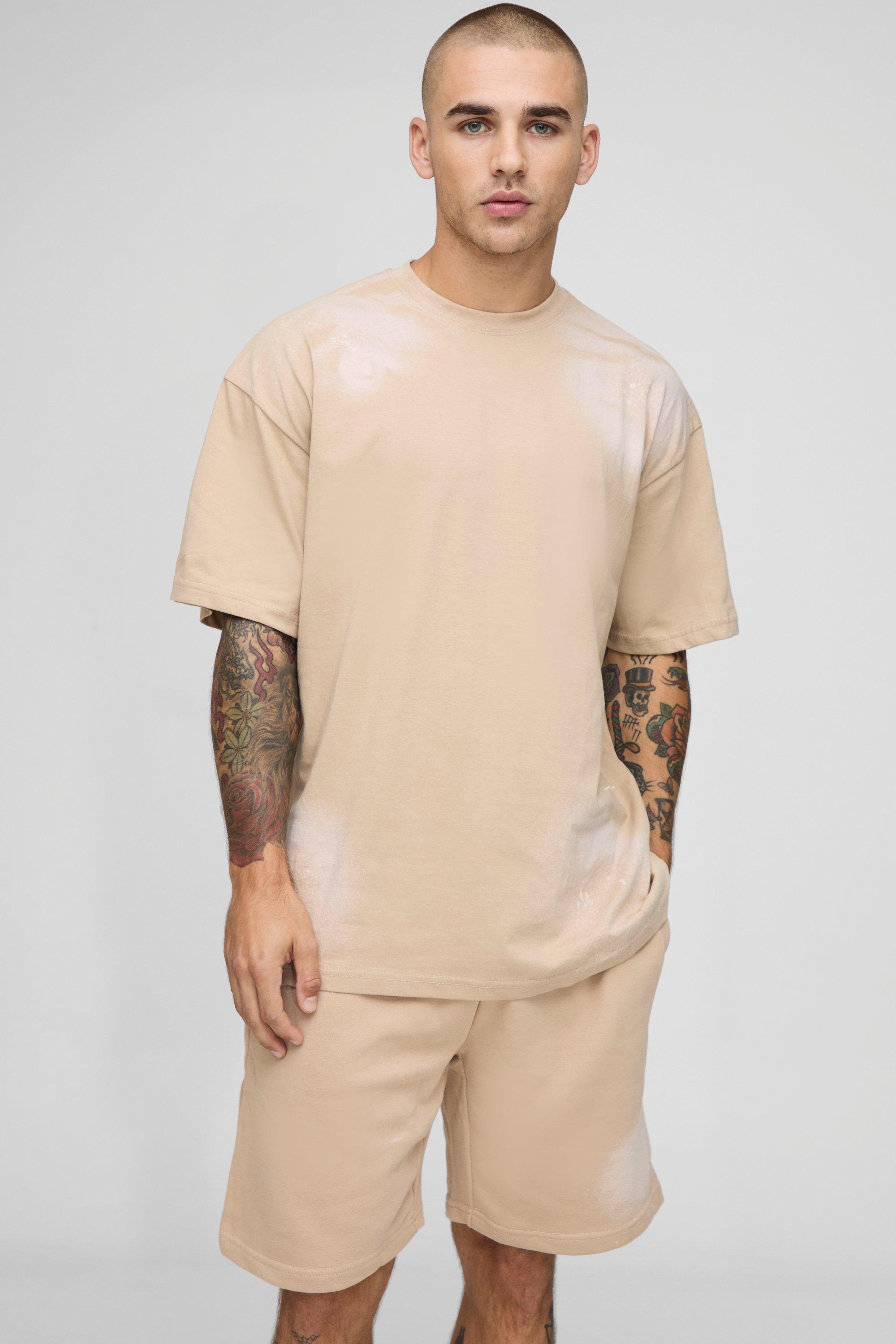 Mens Beige Oversized Embroidered Spray Wash T-Shirt & Short Set, Beige