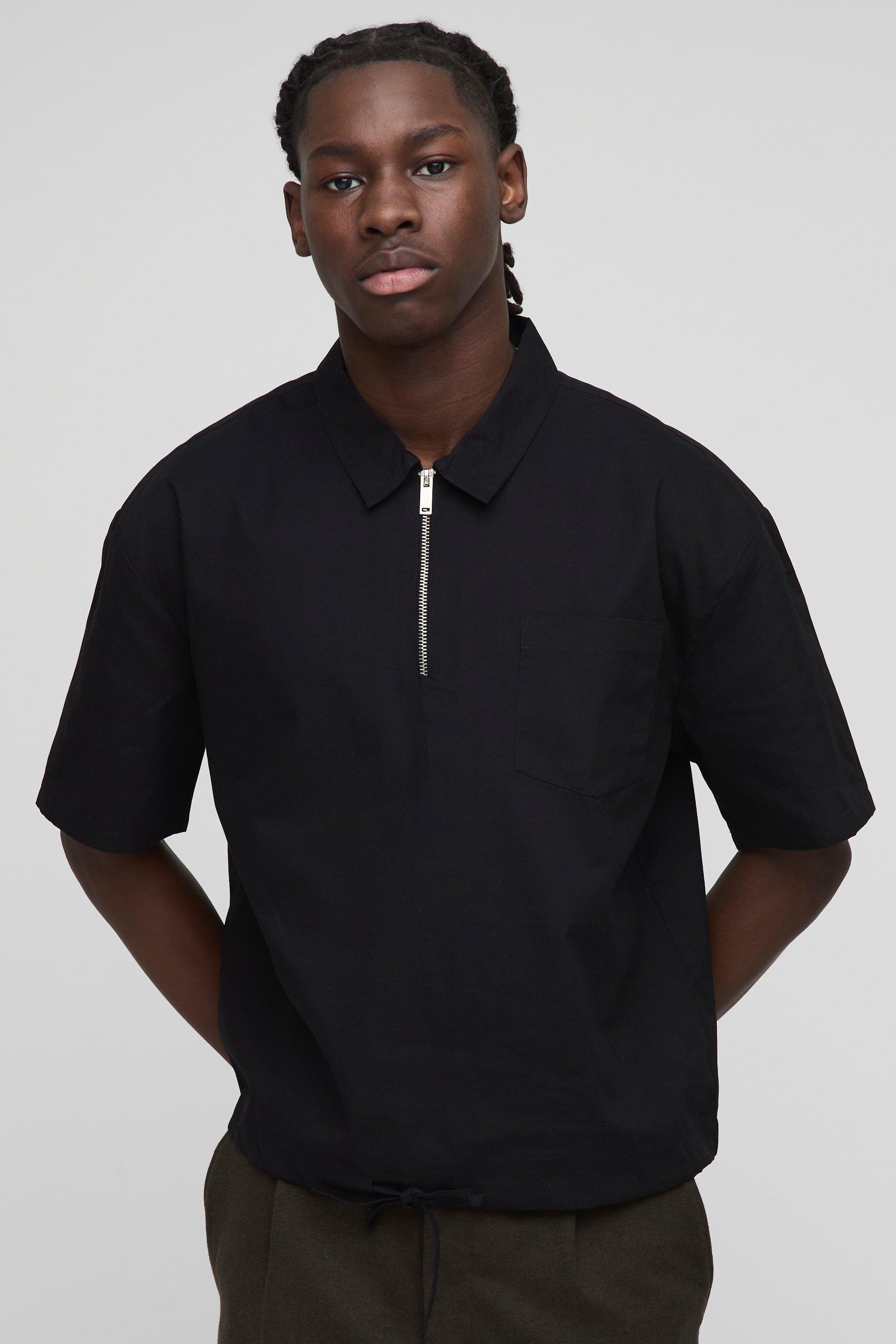Mens Black Oversized Boxy Quarter Zip Short Sleeve Shirt, Black