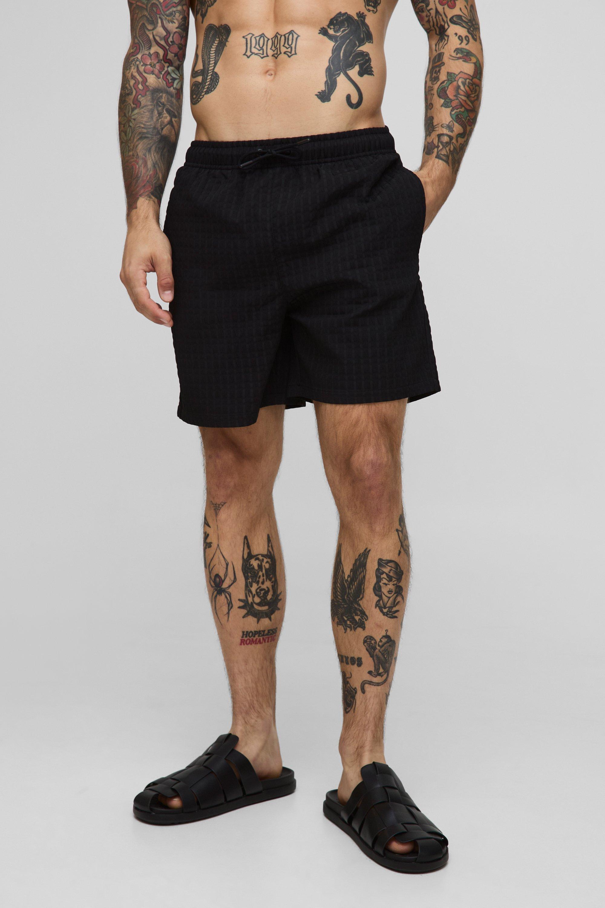 Mens Black Mid Length Seersucker Check Swim Short, Black