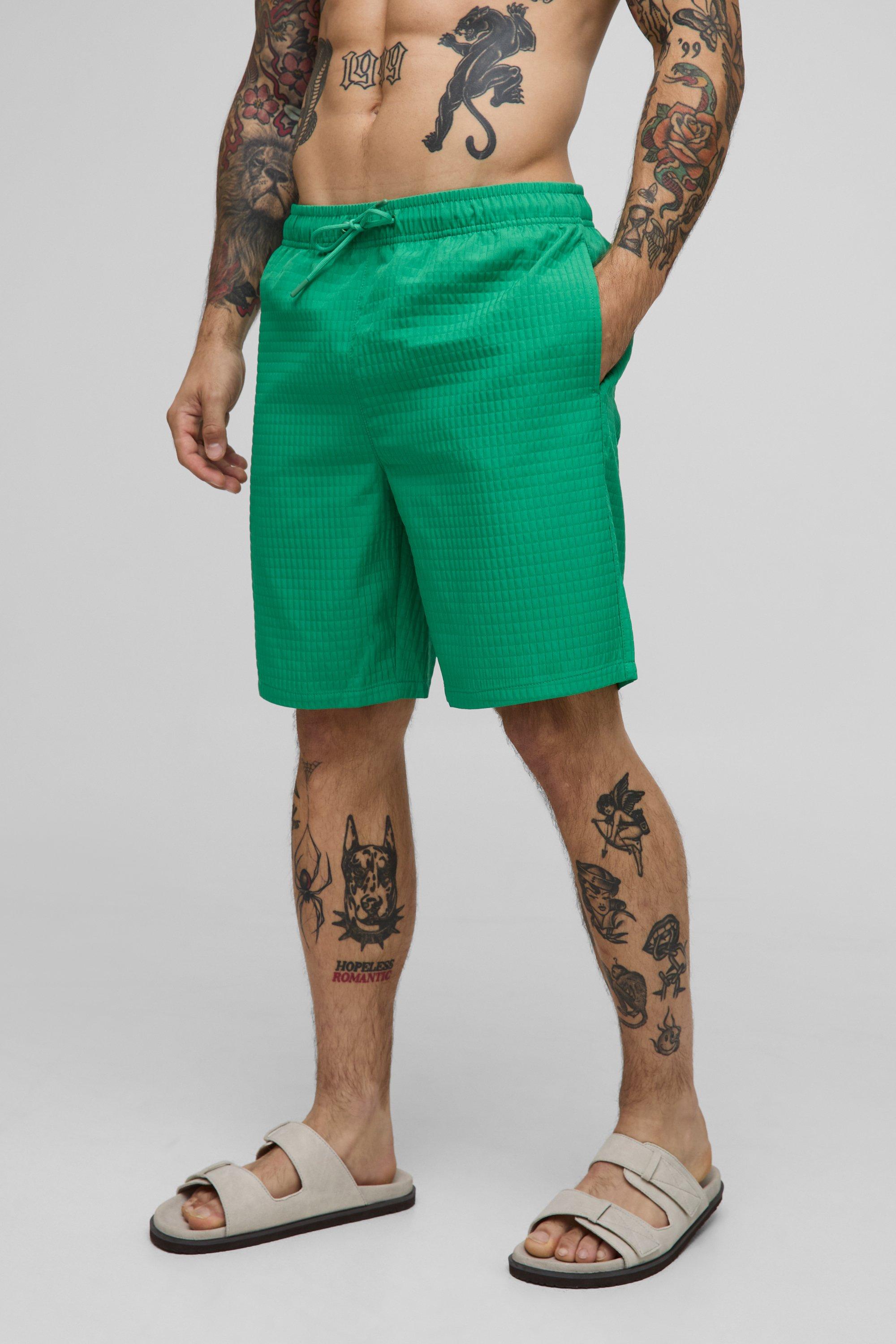 Mens Green Long Length Ripstop Swim Short, Green
