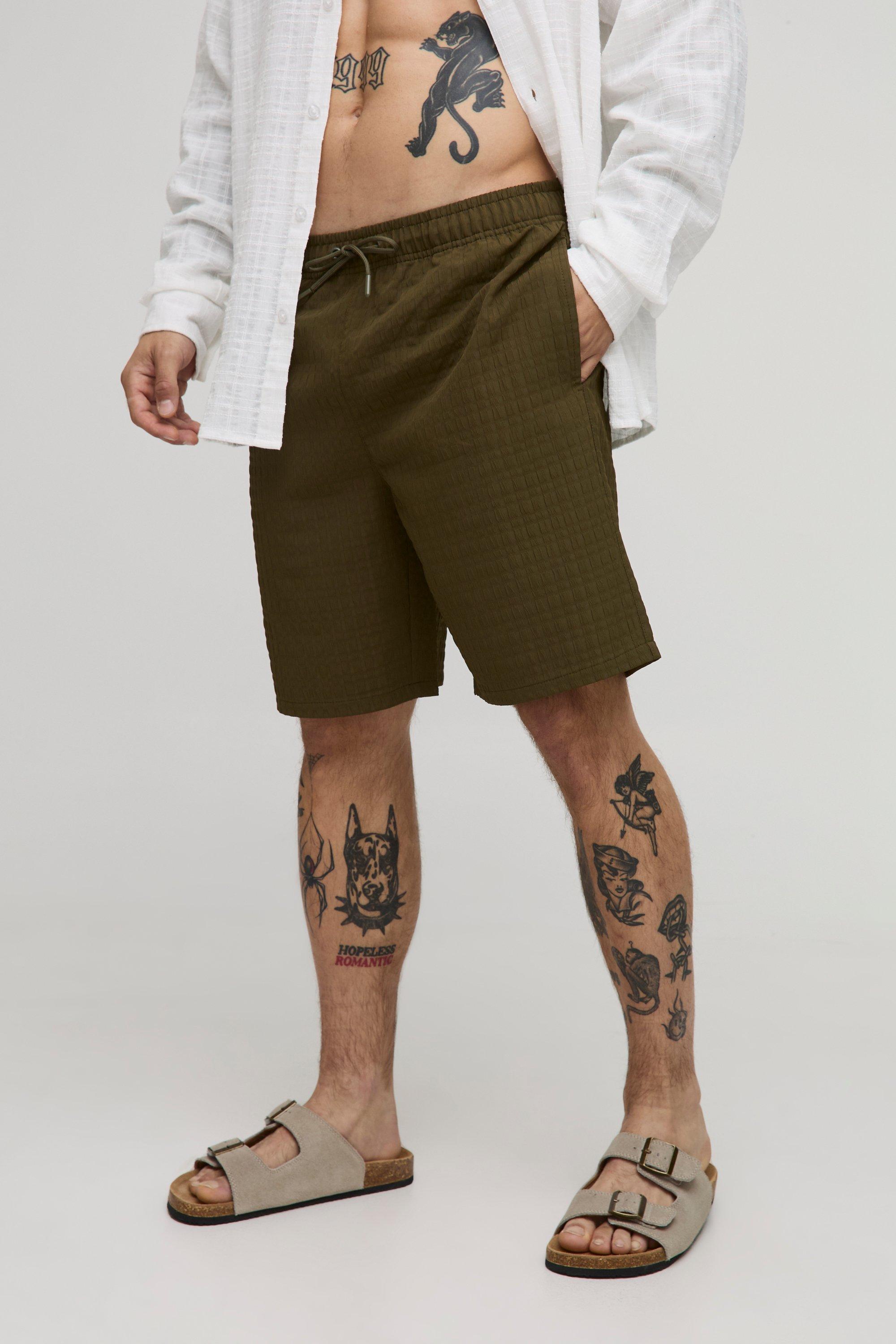Mens Green Long Length Seersucker Check Swim Short, Green