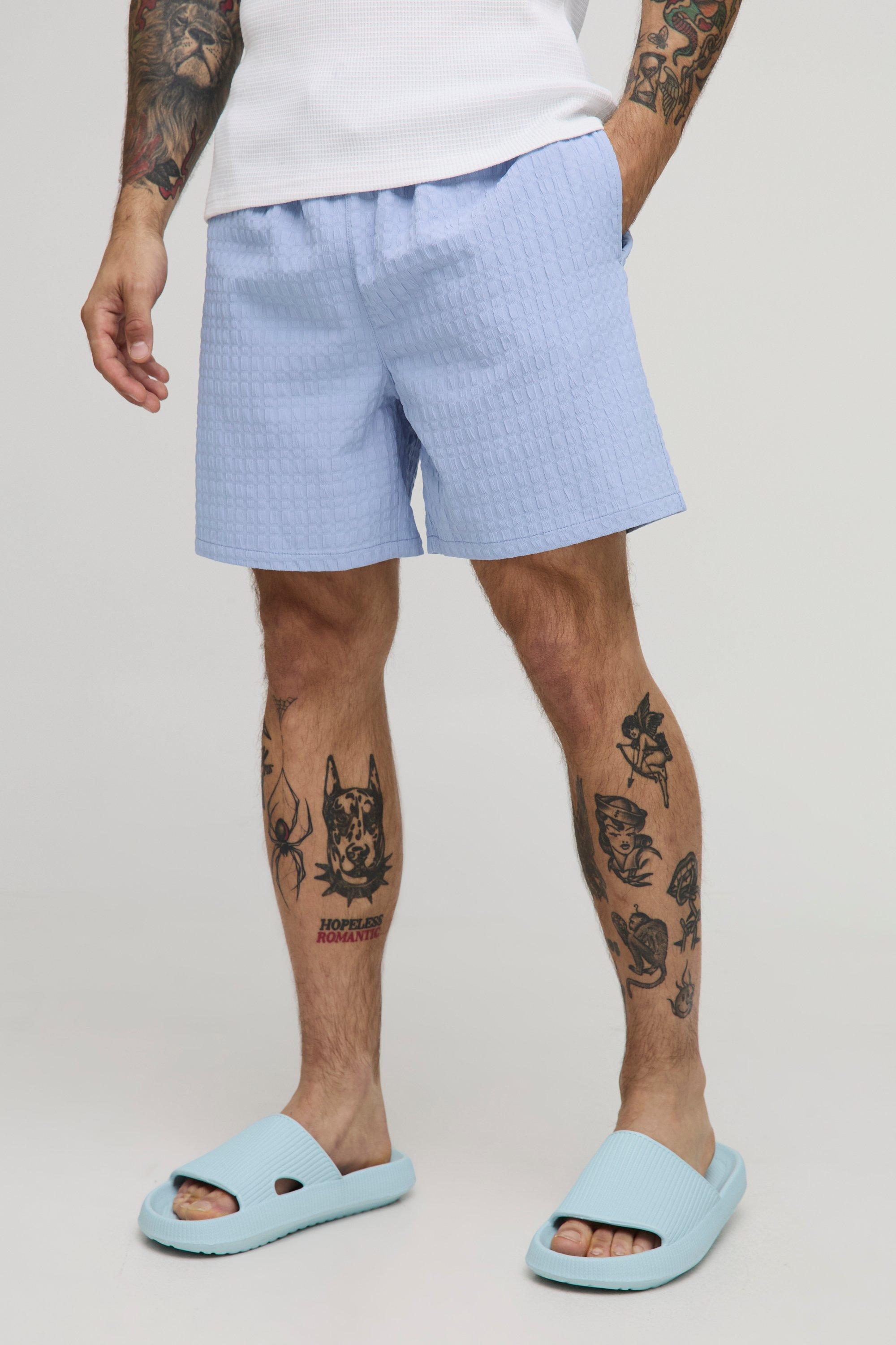 Mens Blue Mid Length Seersucker Check Swim Short, Blue